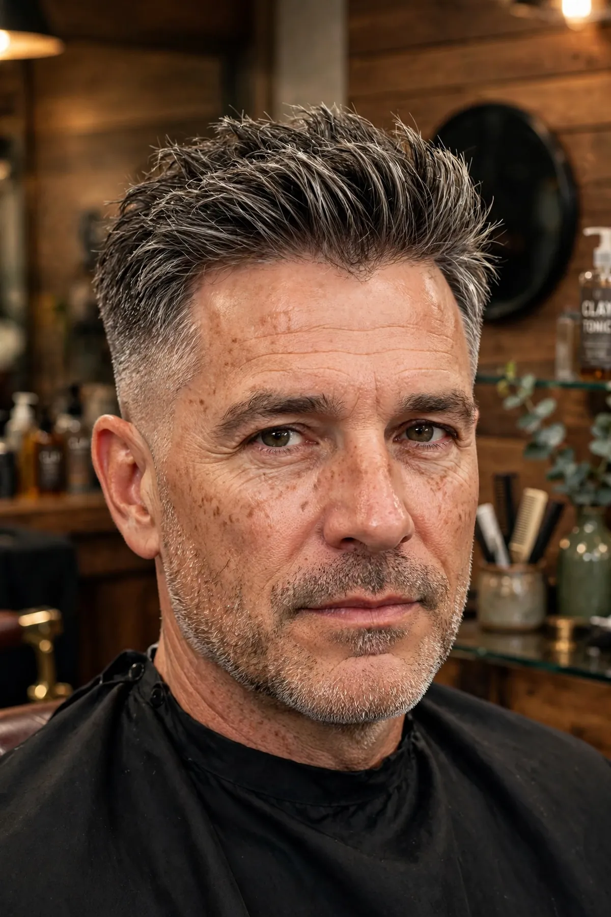 Mature man with brushed up haircut and mid fade, textured top with lift