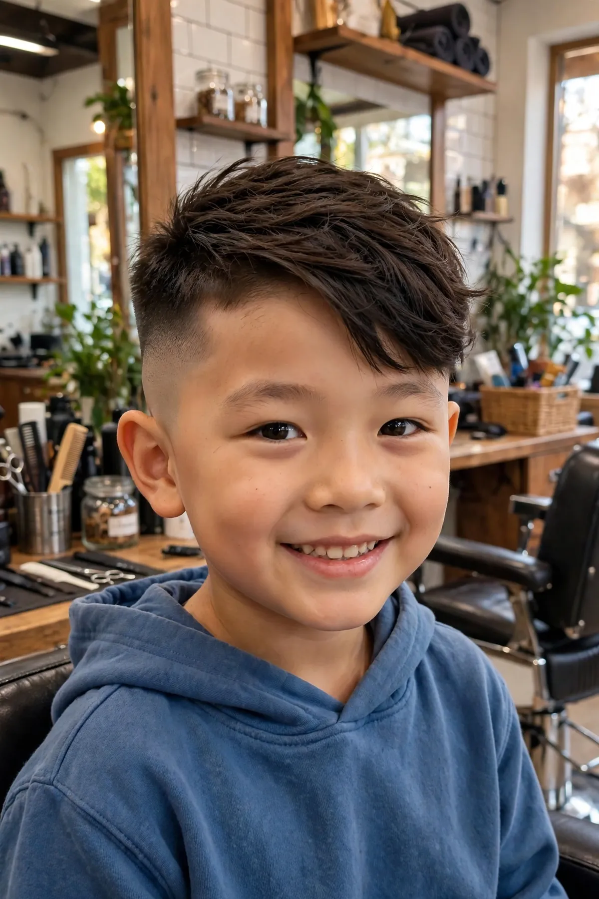 Boy with a high fade and side-swept top, bold faded sides with longer swept hair on top