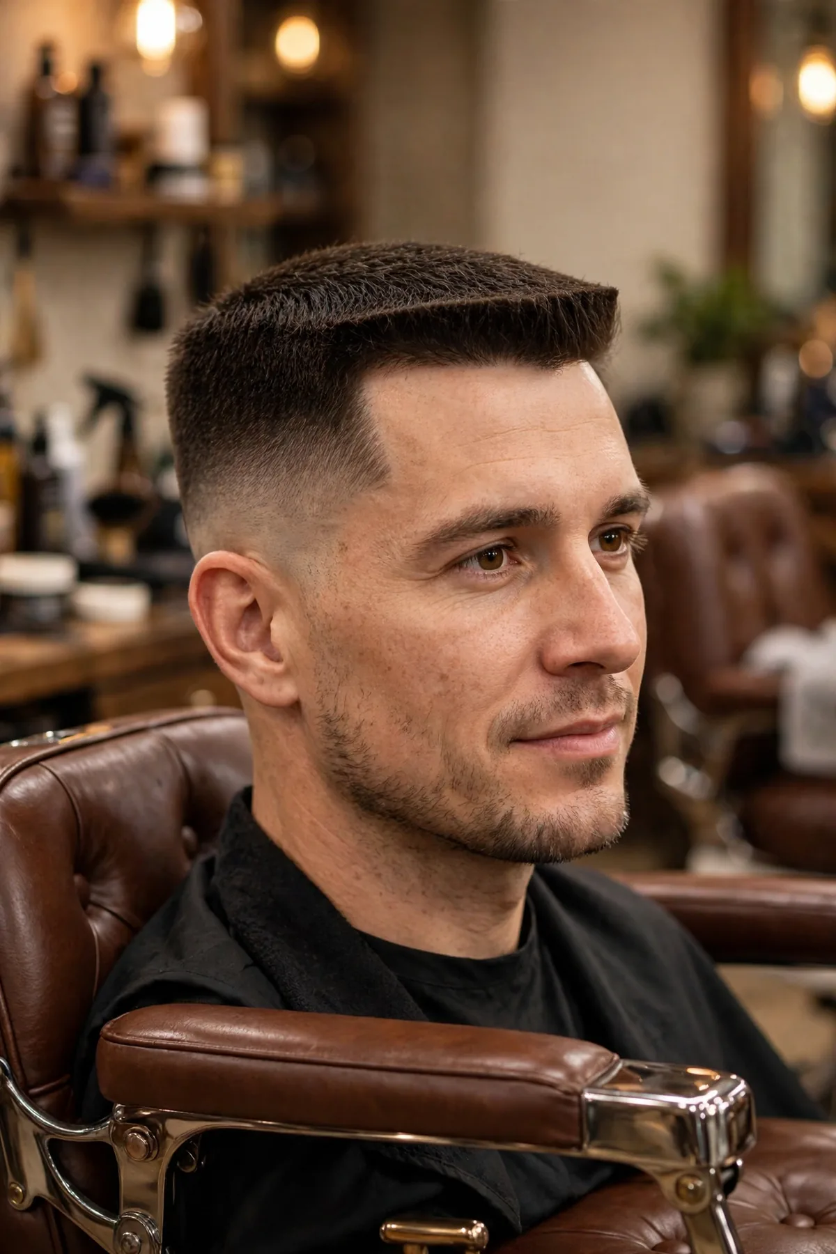 Short flat top taper fade haircut — level flat top with tapered faded sides, bold short haircut style