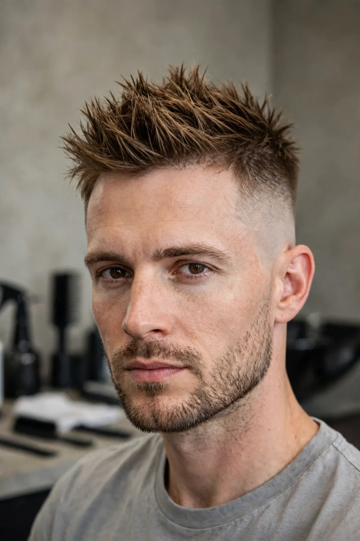 Spiky top with a high skin fade, textured spikes and sharp faded sides