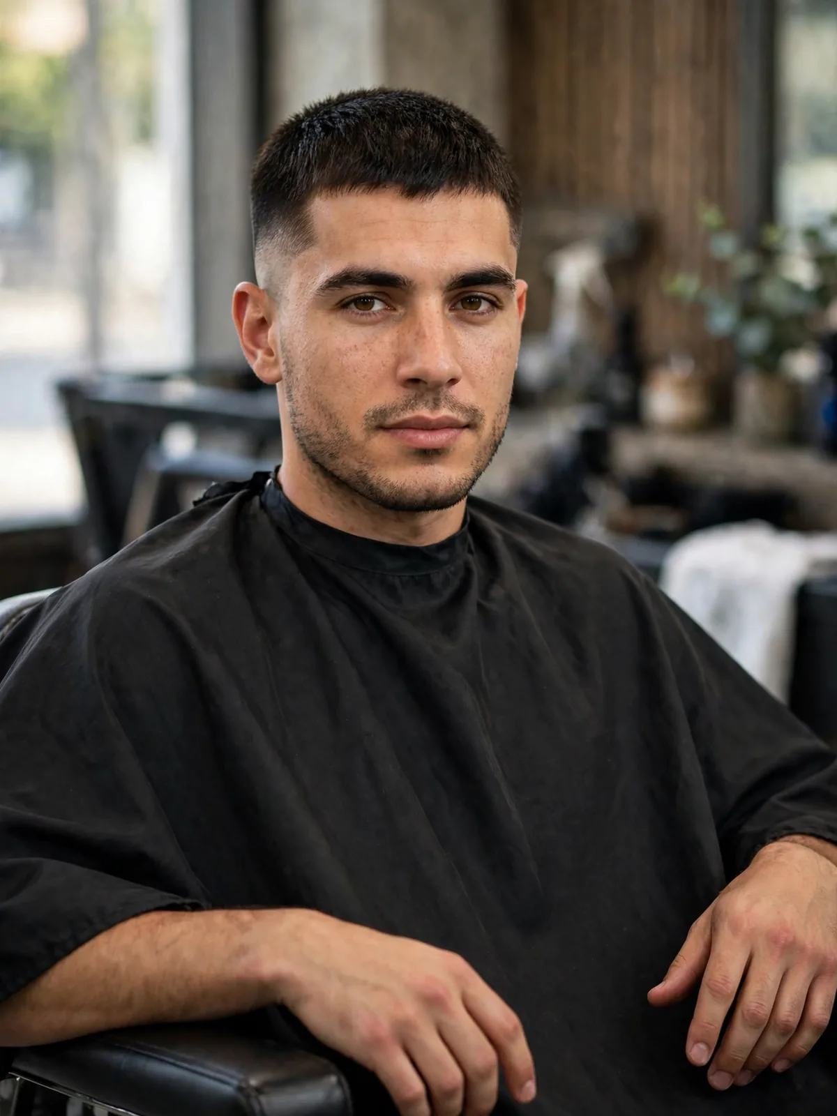 Brush cut very short haircut for men — forward-brushed short top with mid fade