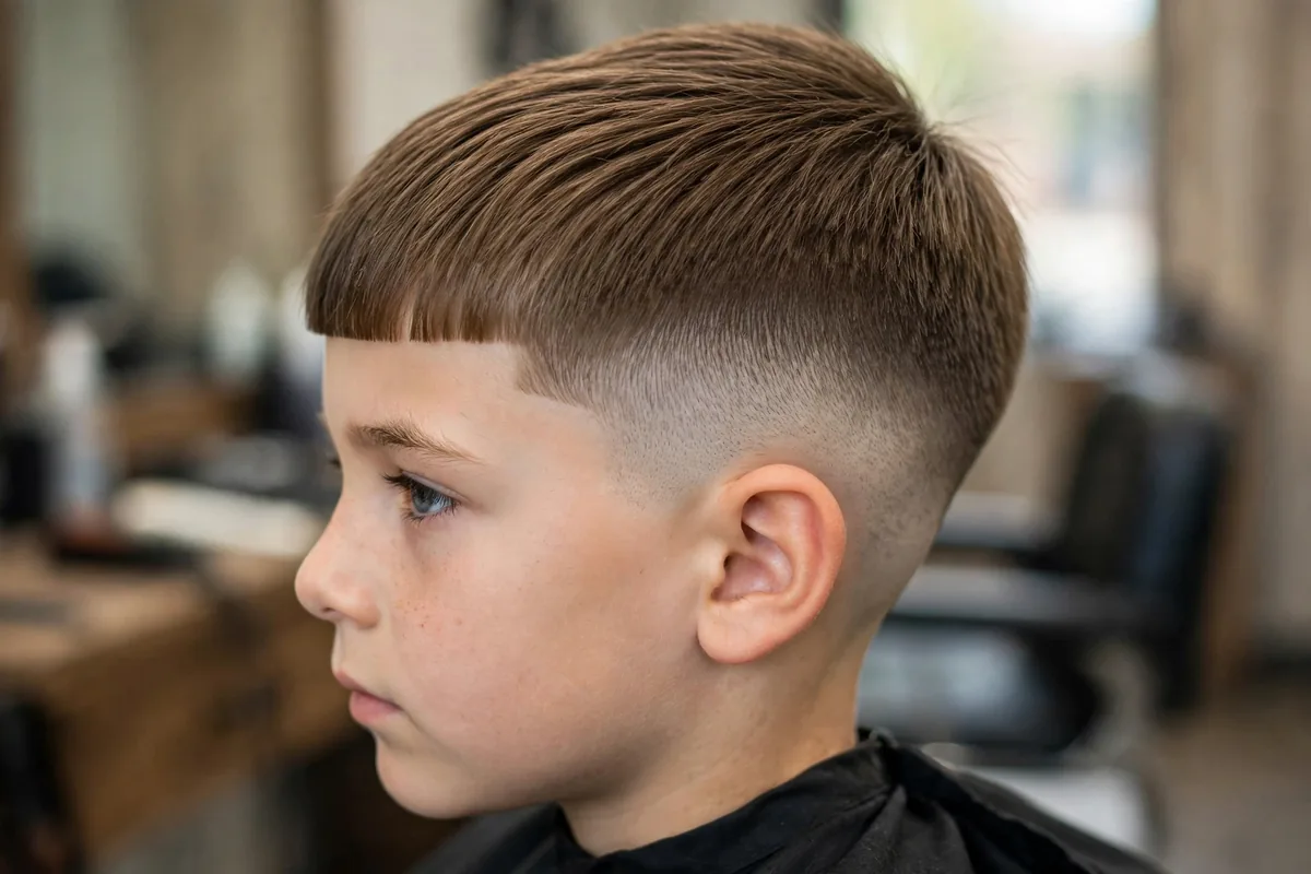 Boxed fringe fade haircut for boys, squared fringe line with high skin faded sides