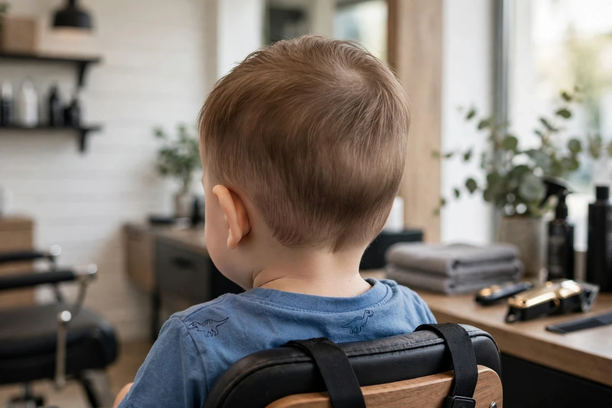 Baby boy with a tidy tapered neckline haircut, clean neckline baby boy haircut