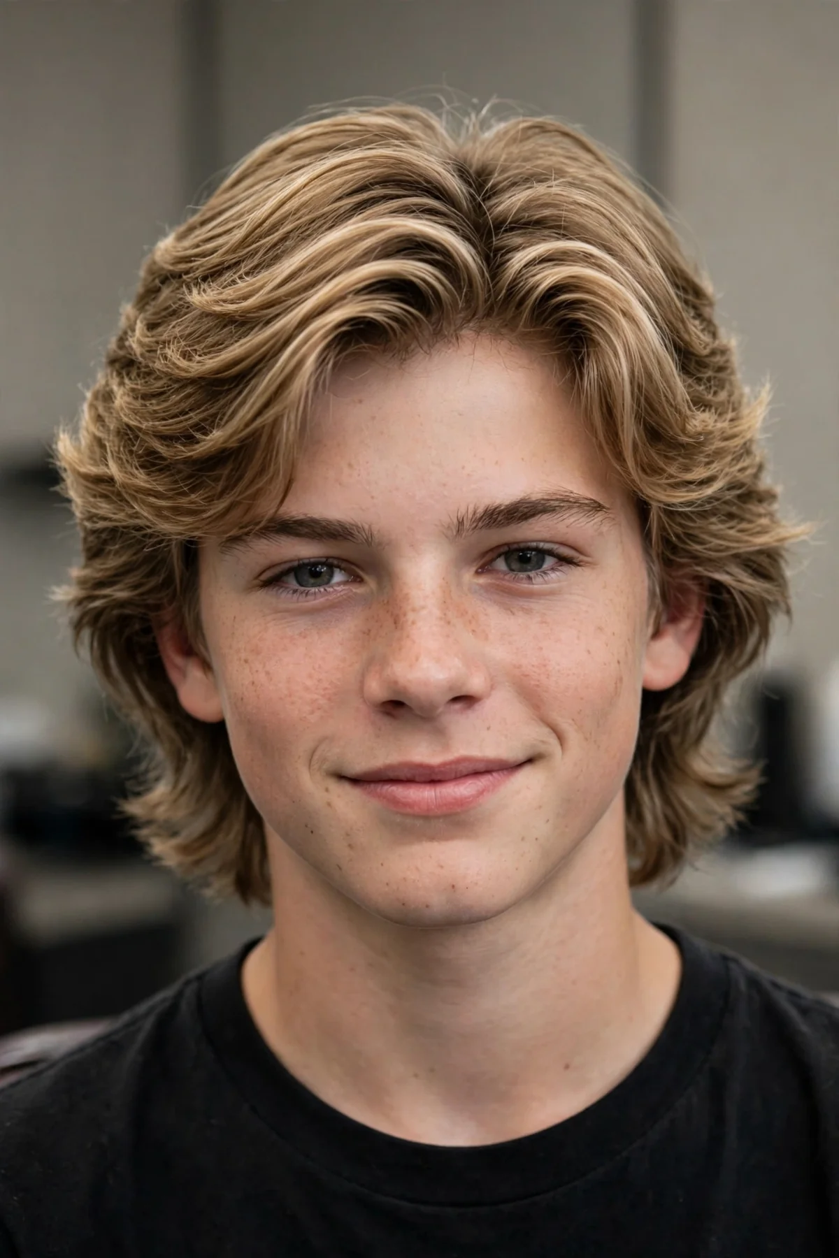 Teen with 90s feathered layers, medium-length layered hair with soft feathered texture — 90s boy haircuts