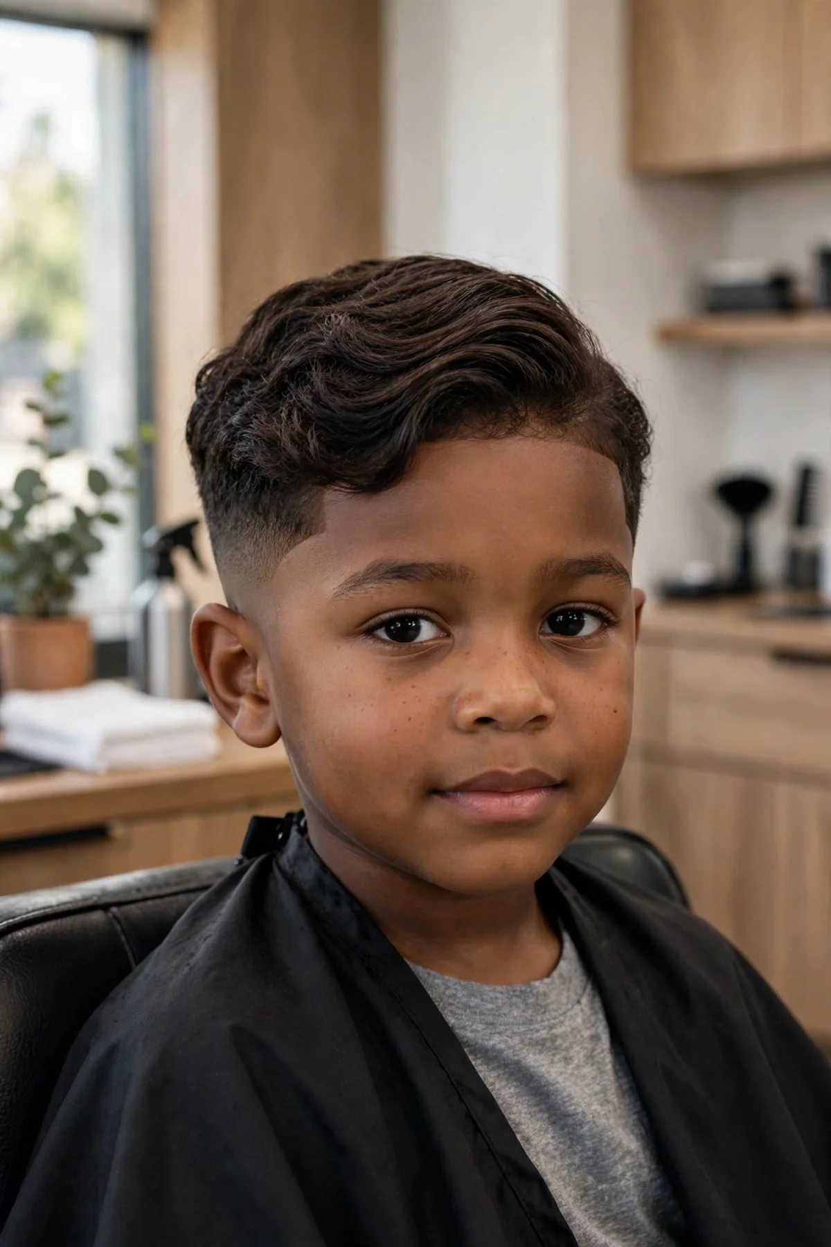 Little boy side swept top with low fade, short hair swept to one side with faded sides, easy kids haircut
