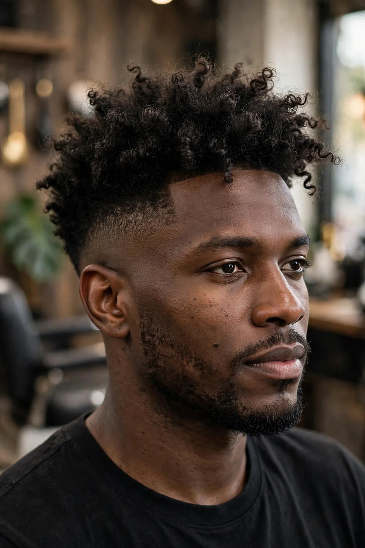 Burst fade with curly top haircut, burst fade curving around the ear with full curly hair on top