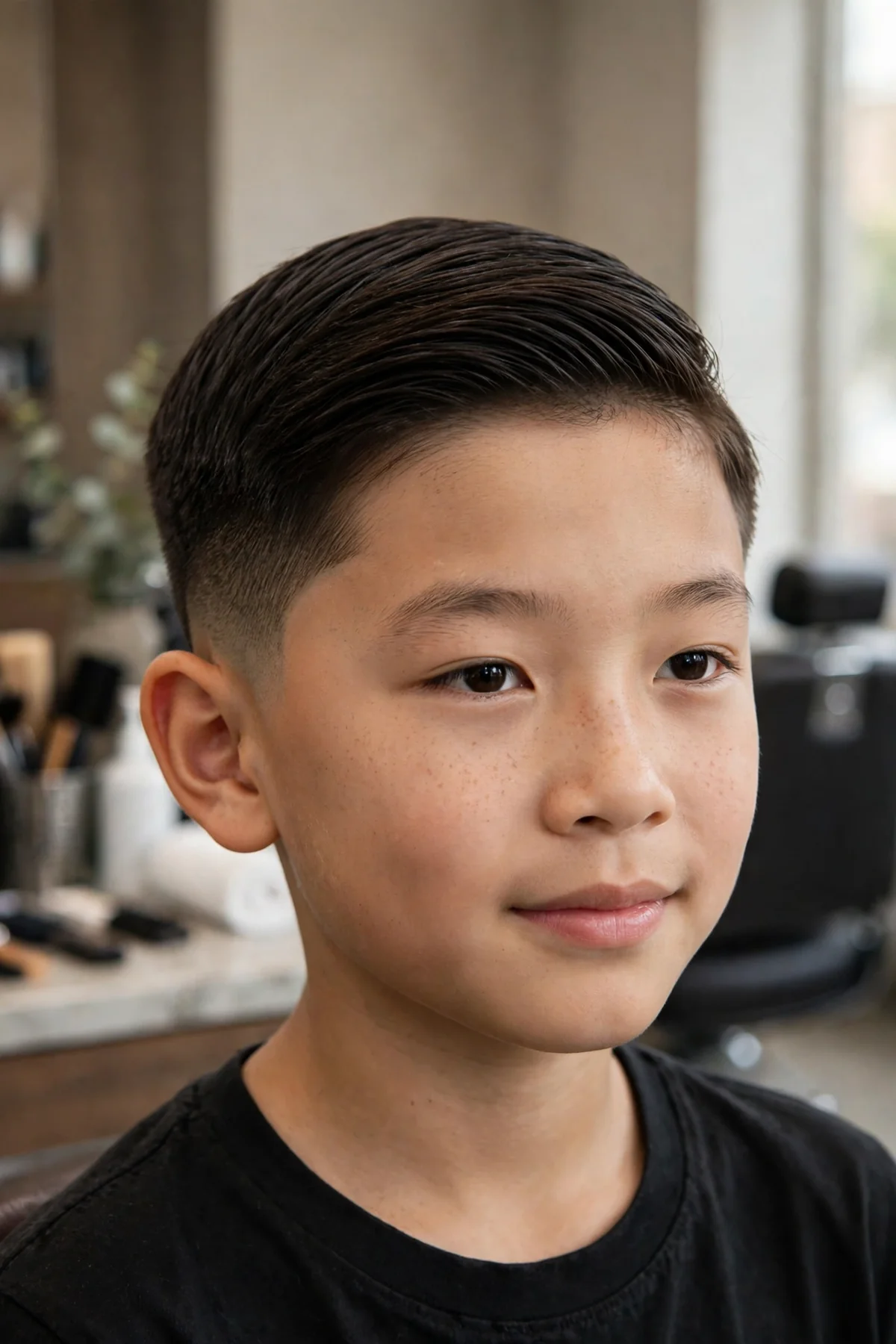 Asian boy with neat short back and sides asian boy haircut, combed top and tapered sides