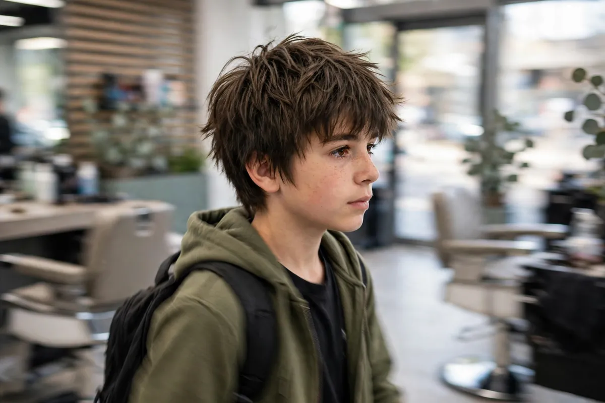 Boy with a choppy medium shaggy haircut, uneven textured layers and a messy natural finish