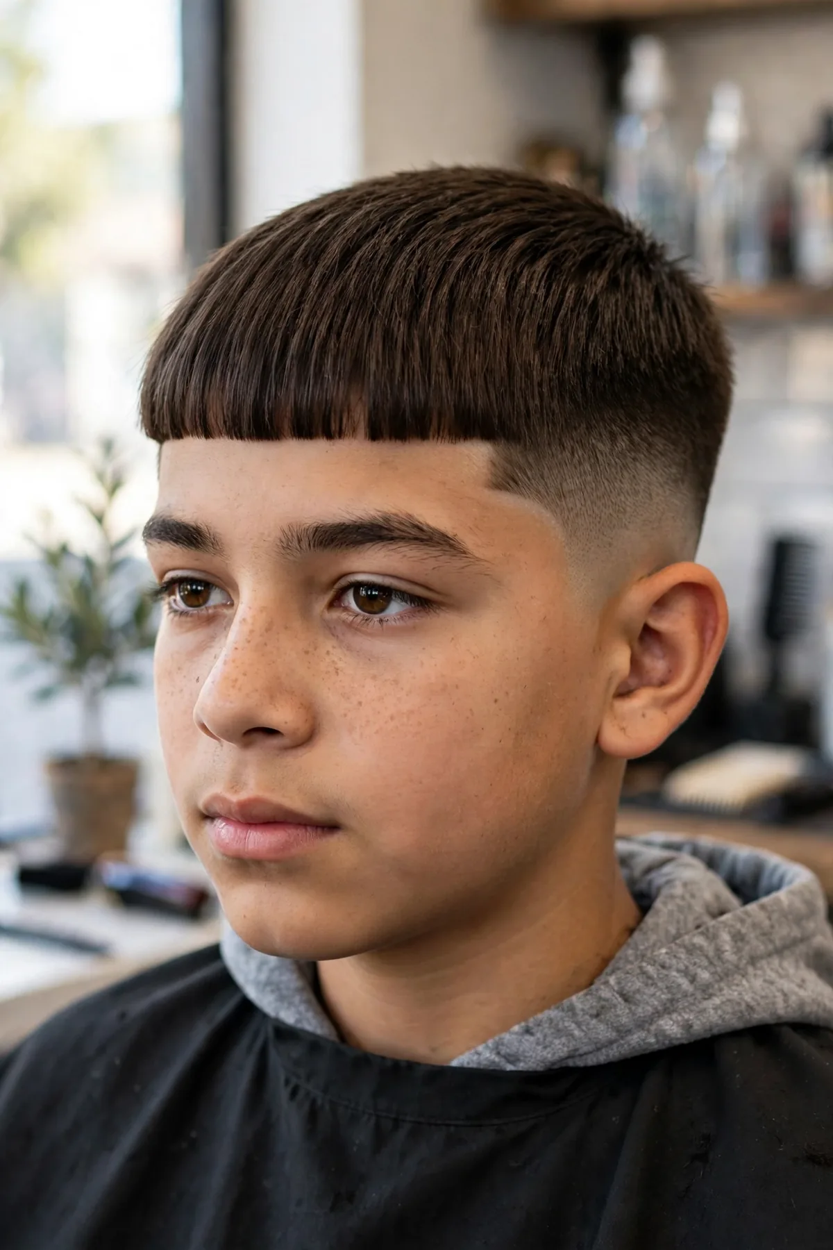 Teen boy with a short edgar fade haircut for boys — straight blunt short fringe with high faded sides