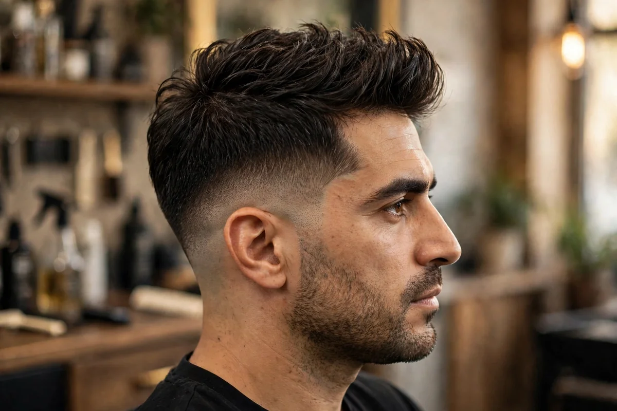 Brushed-up textured low skin fade haircut with lift at the front, low fade to skin above the ears, modern barbershop look