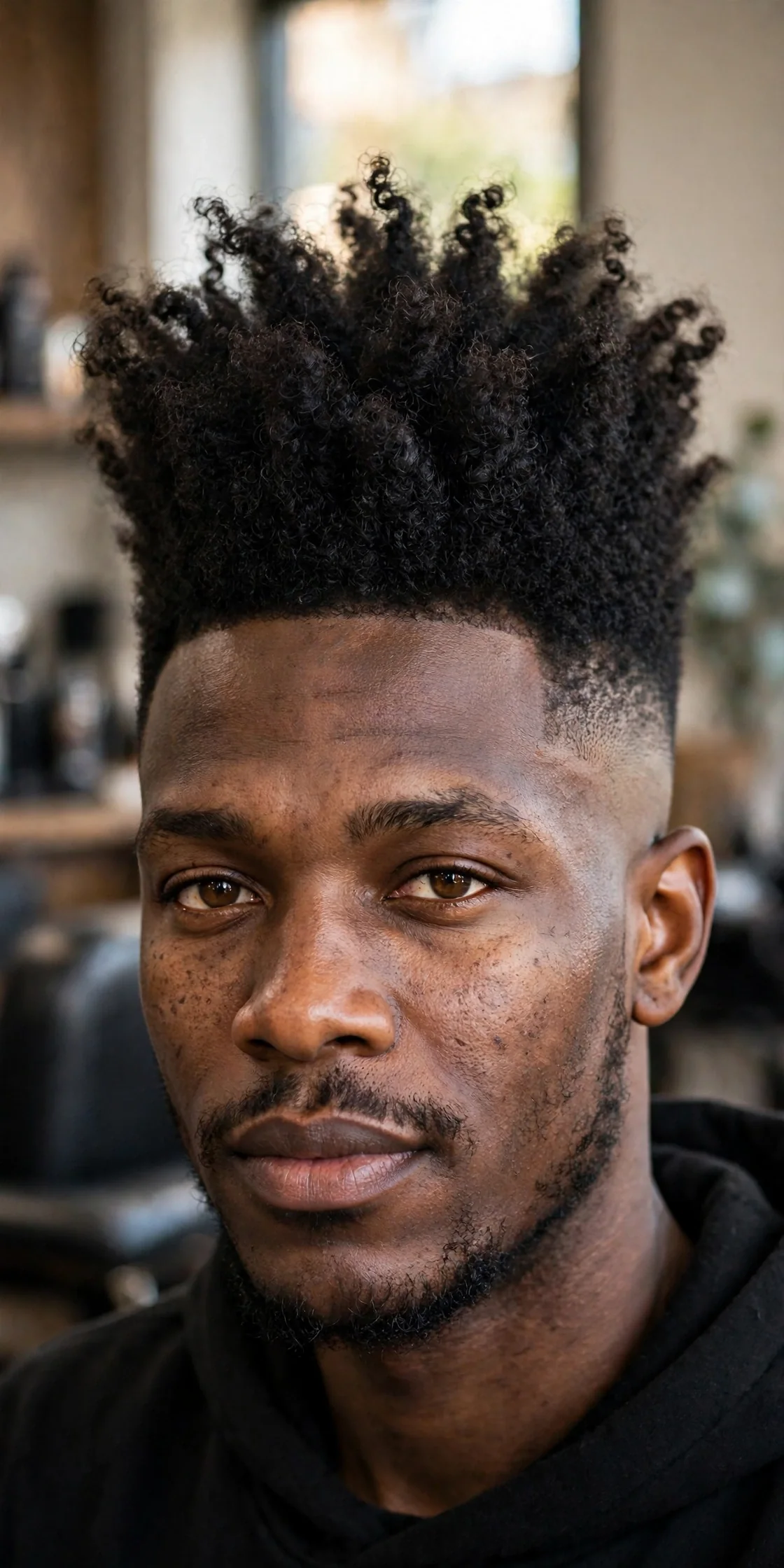 High top haircut with a mid fade, tall coily top with the fade starting midway down the sides, barbershop photo