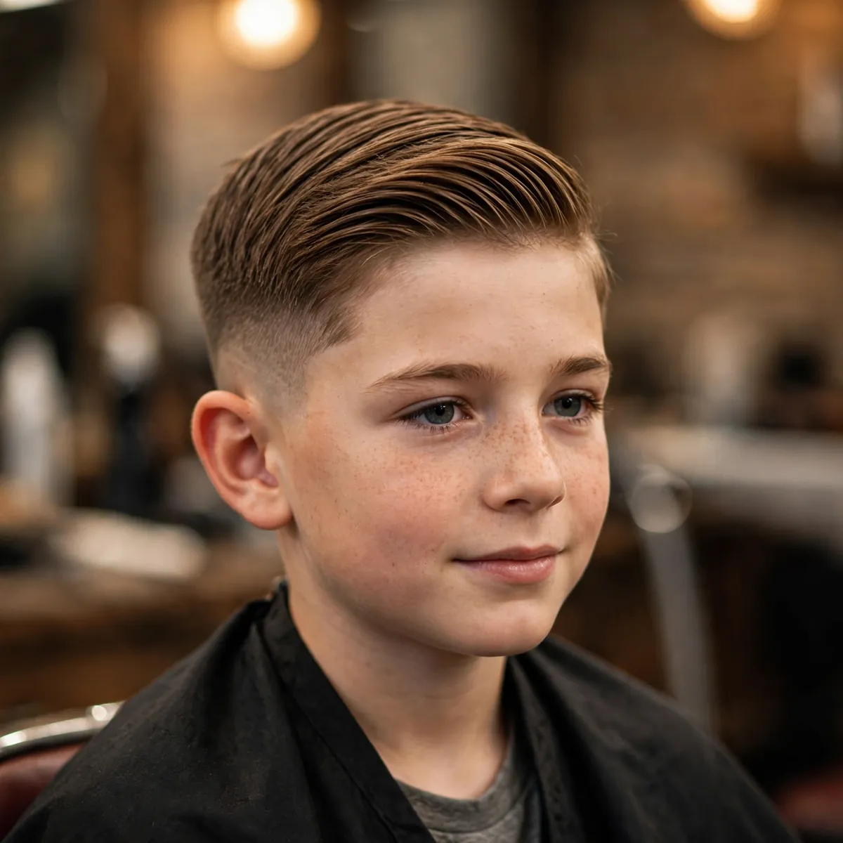 Mid skin fade comb over haircut for kids — sharp faded sides with a combed-over top