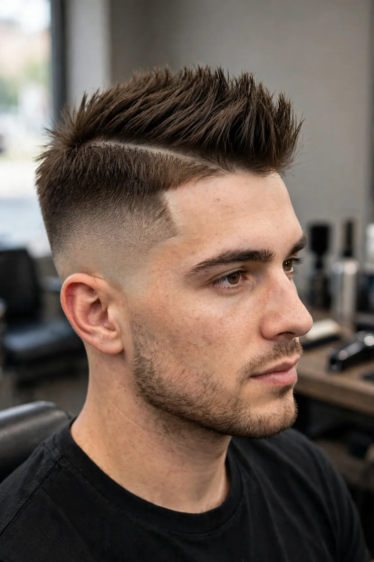 Faux hawk with a high skin fade, raised center strip and skin-tight sides
