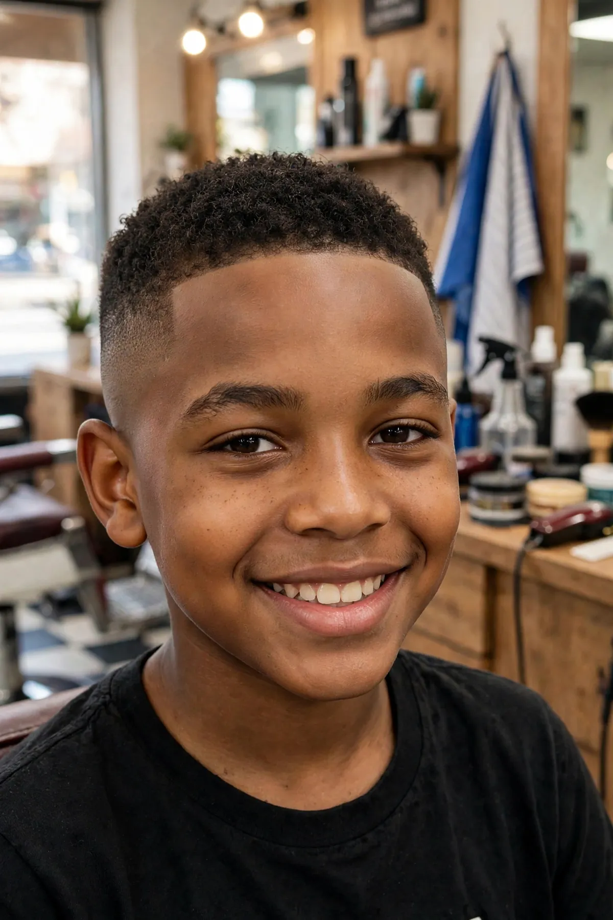 Boy with a skin fade and short crop top, bald fade sides with textured fringe on top, a sharp kids haircut for boys