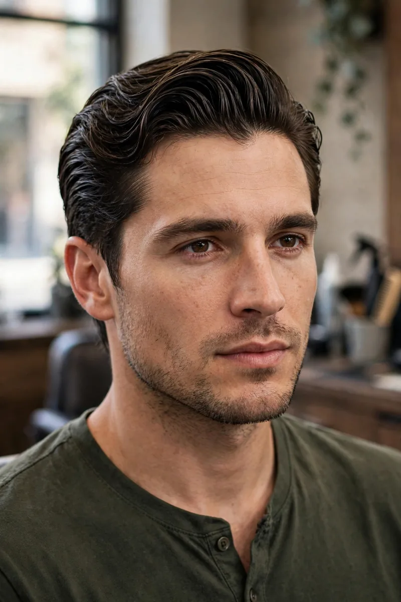 Slicked-back wavy hair for men — polished slicked waves with tapered sides