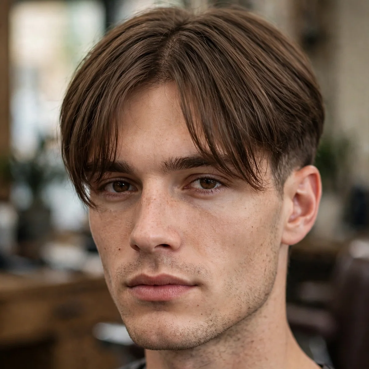 Curtain bangs haircut for men with a low taper fade on the sides and back
