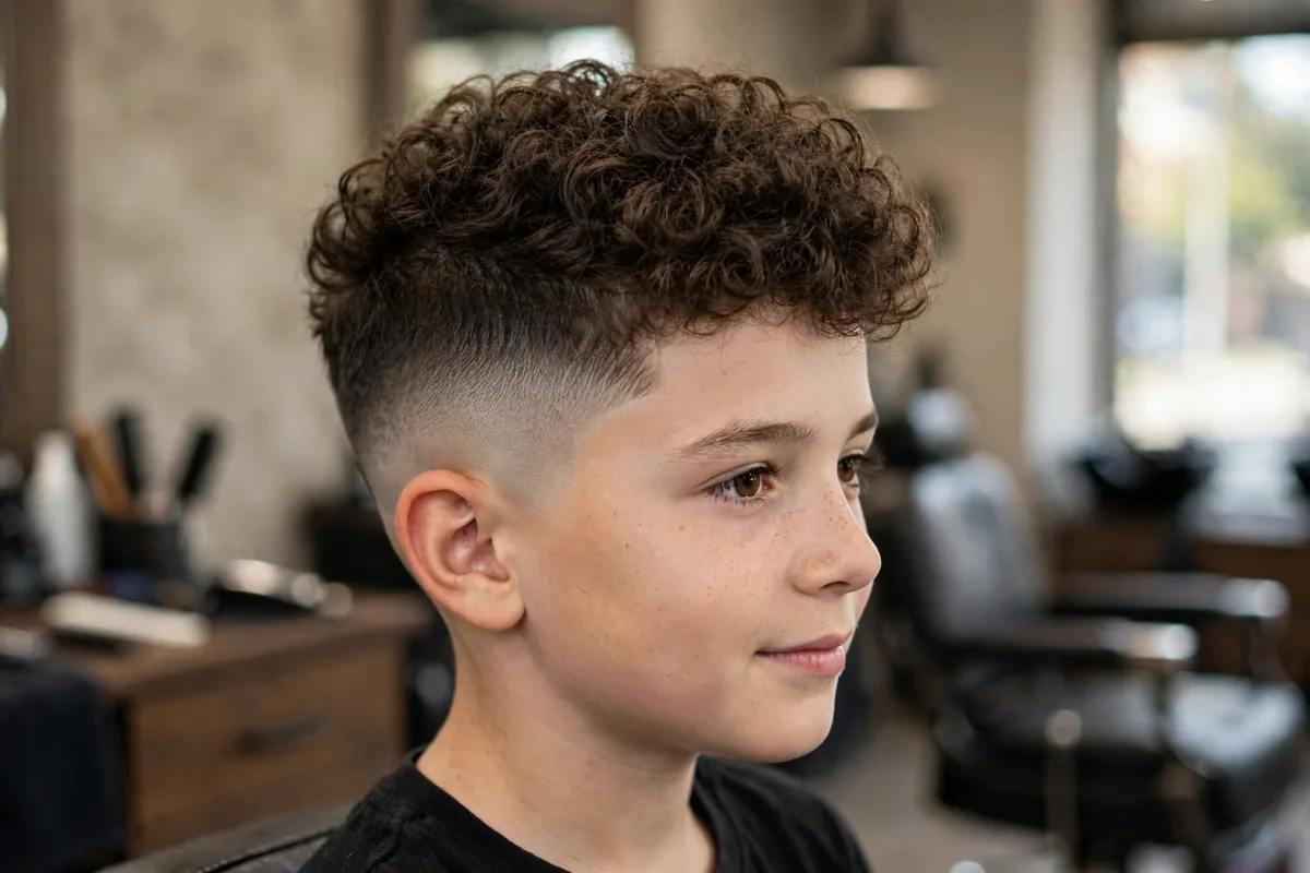 Curly top high fade haircut for boys, natural curls on top with high faded sides, best fade for curly hair boys