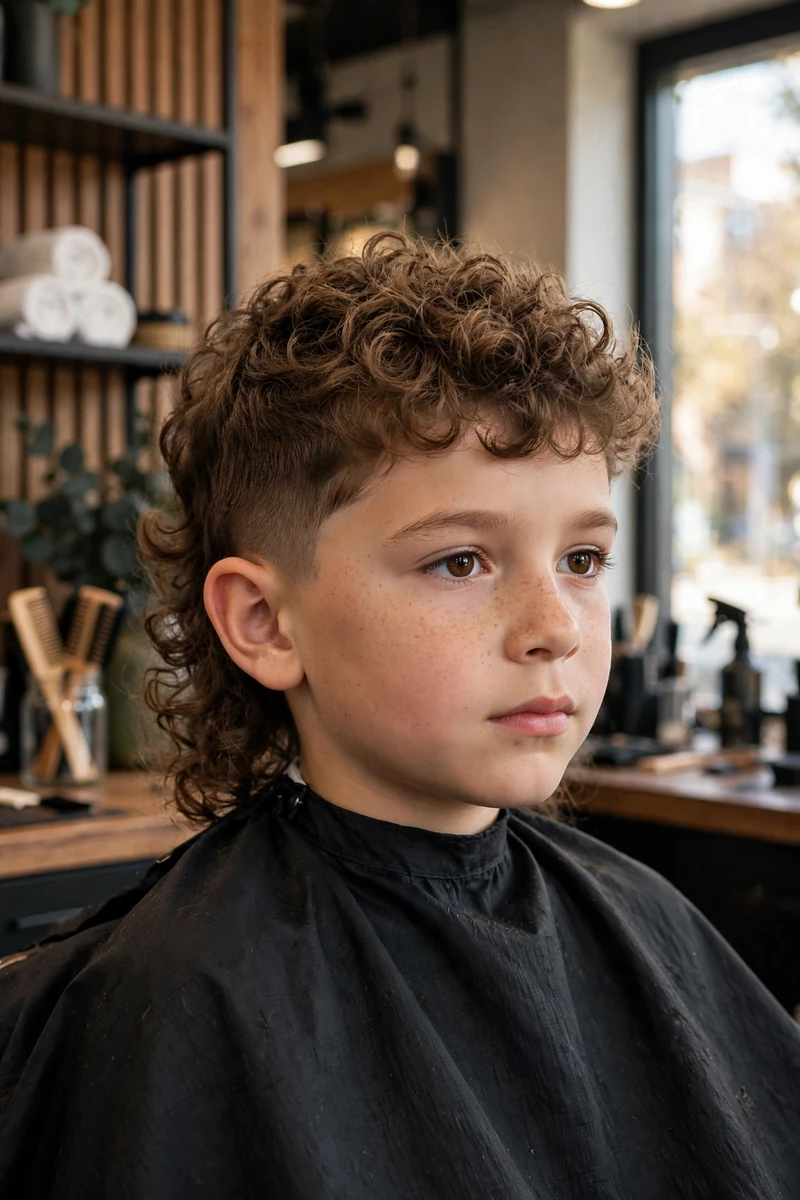 Boy with a curly kids mullet haircut — defined curls on top, tapered sides, and a curly longer back