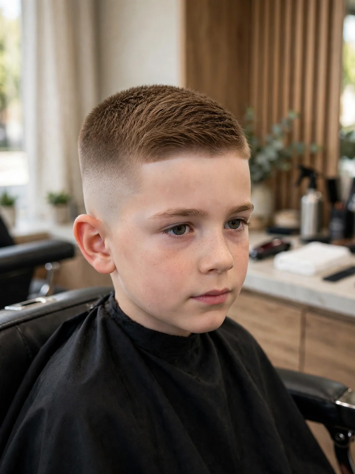 Little boy high fade with short top haircut, high faded sides with short neat top, sharp kids fade