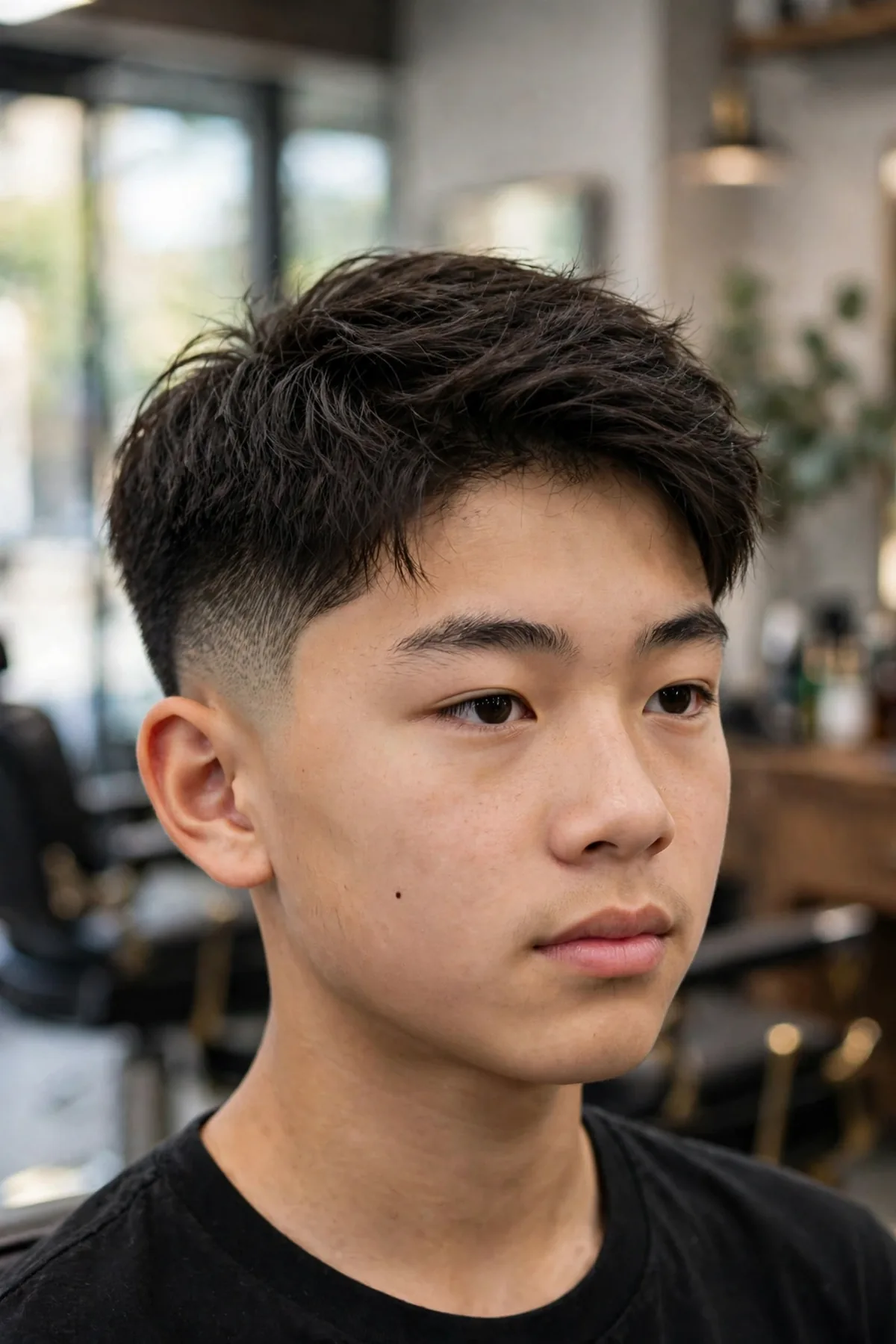 Asian teen boy with a low taper fade asian boy haircut, longer textured top and subtle faded sides