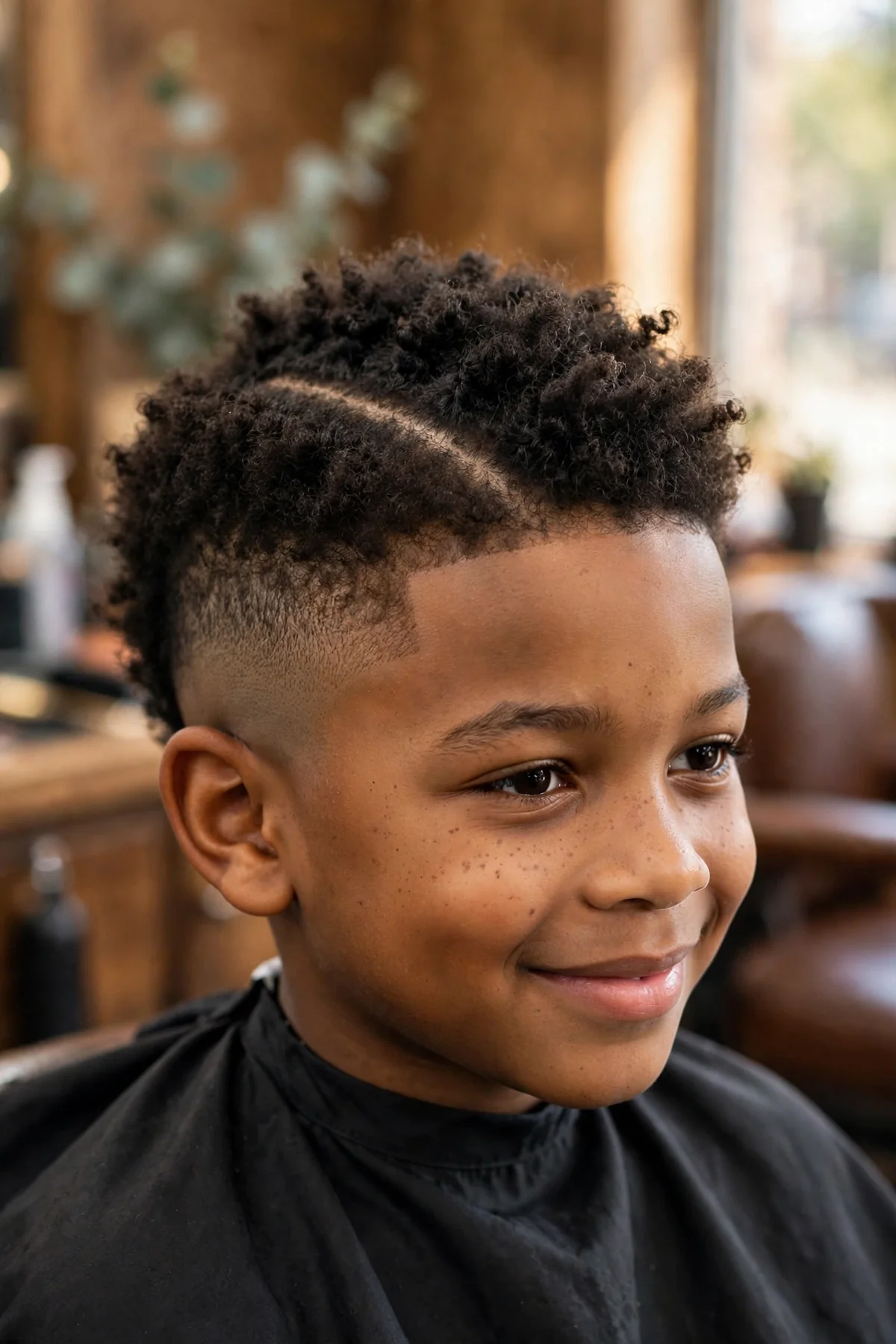 Black boy about 8 years old with a rounded frohawk strip of curly hair and a mid taper fade on the sides
