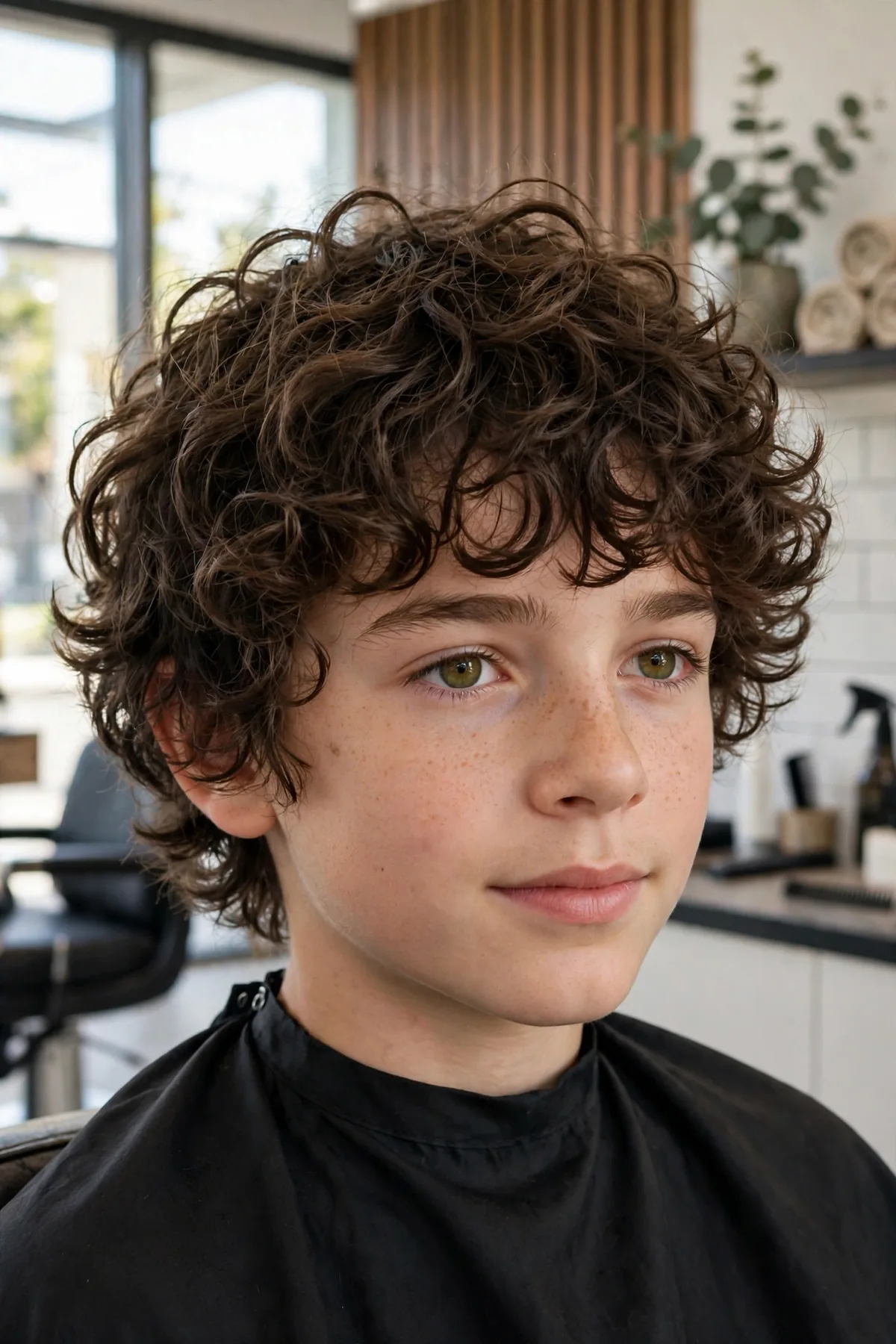 Boy with a curly shaggy haircut, defined curls in choppy layers with a rounded shaggy silhouette