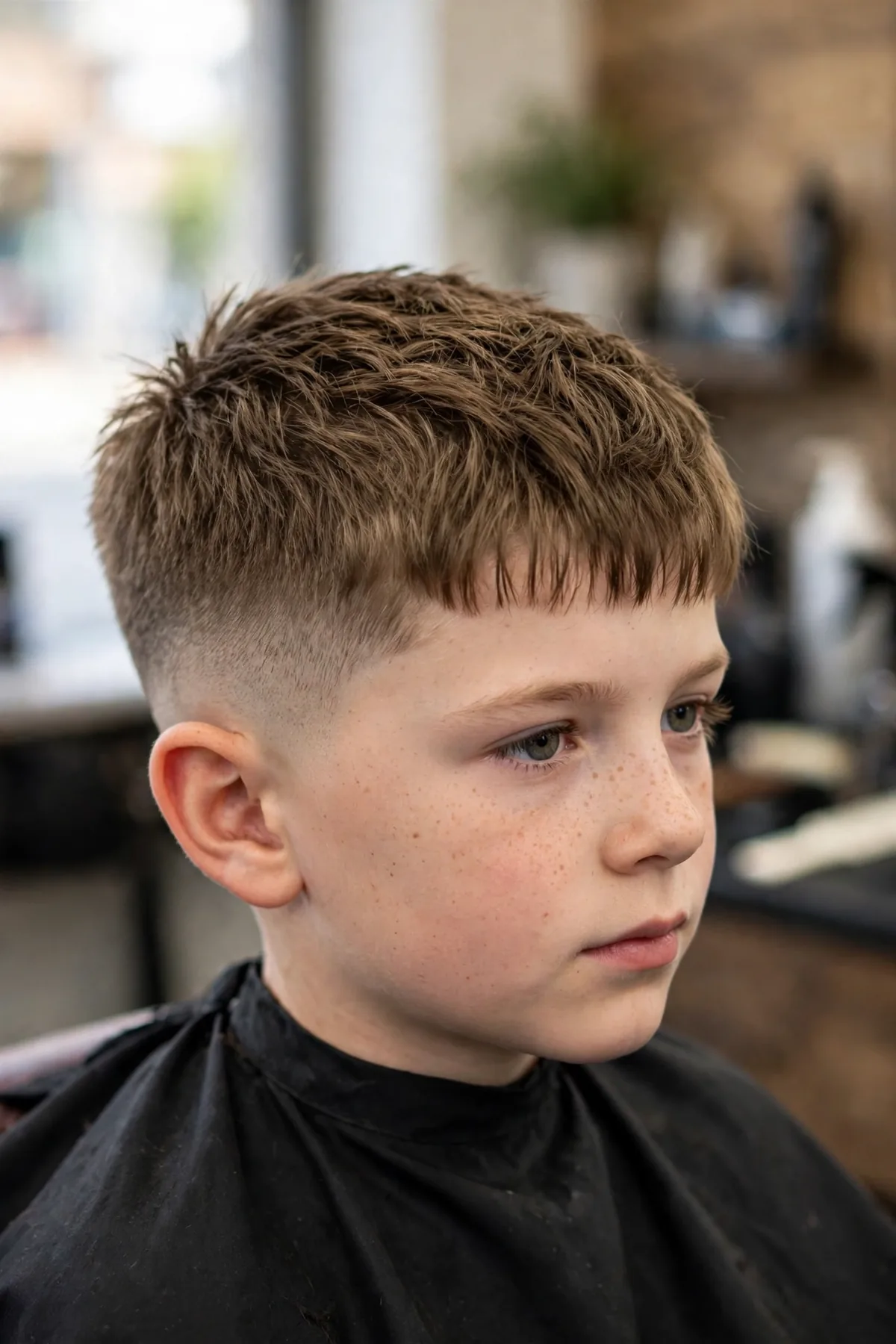 Boy with a textured french crop fade haircut for boys — short textured fringe across the forehead with faded sides