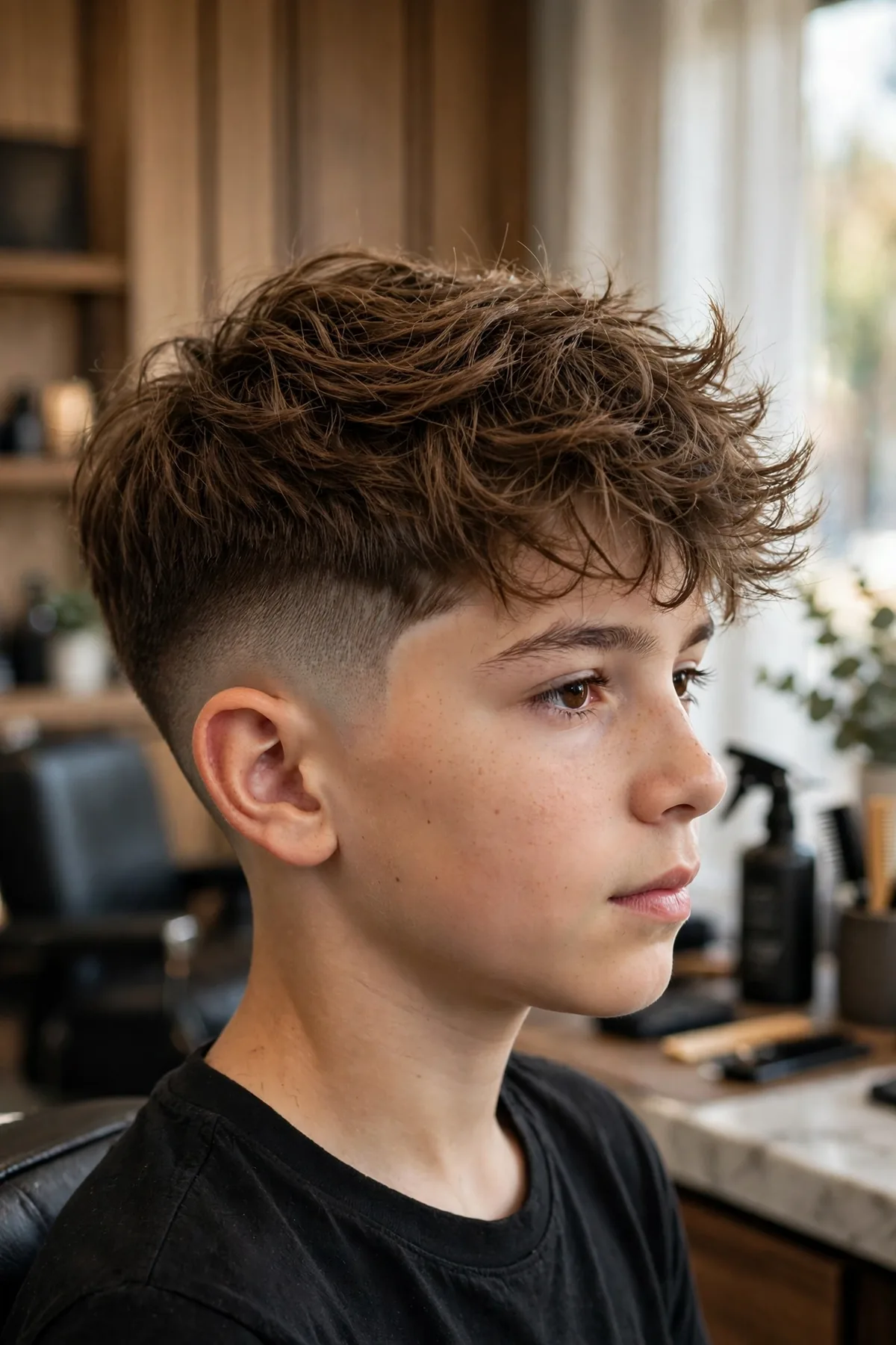 Photorealistic photo of a boy with a long top low fade, longer styled hair on top with a clean low fade on the sides and back, crisp barbershop finish. A modern longer boy haircut with sharp contrast.