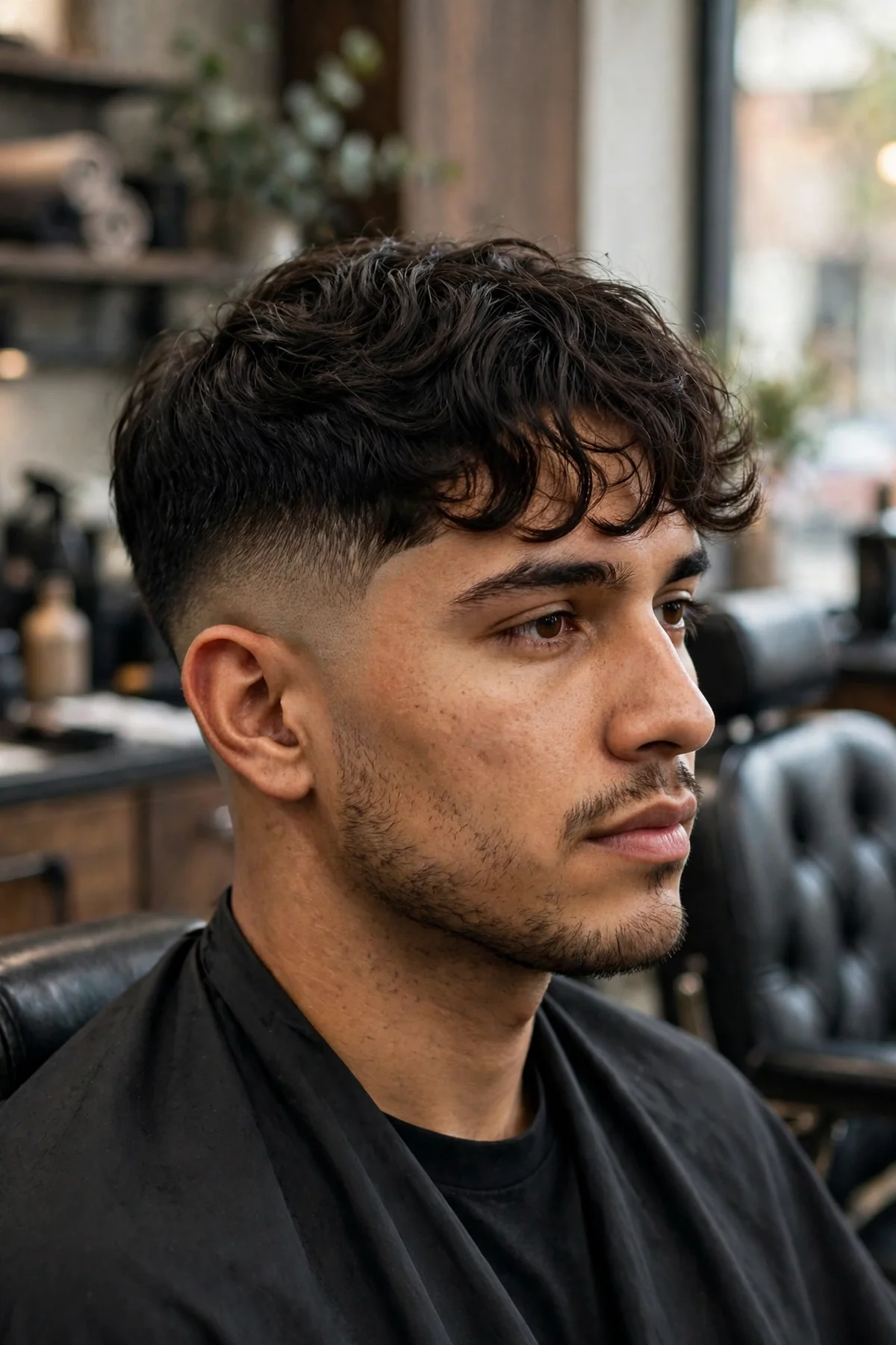 Wavy fringe low skin fade haircut, soft waves falling across the forehead, low fade to bare skin around the ears