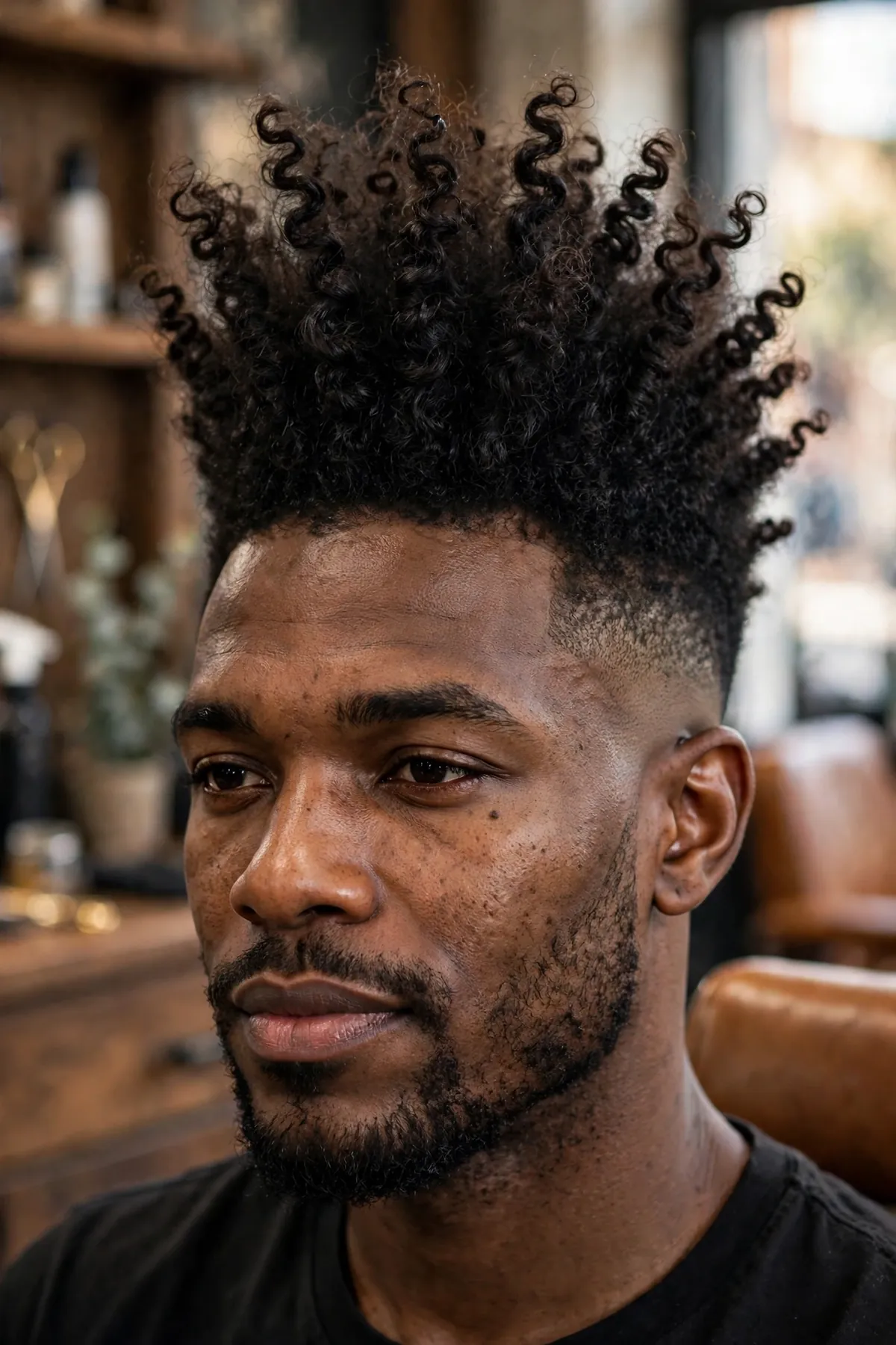 Curly high top haircut, tall defined curls on top with faded sides on a man with curly hair, barbershop photography