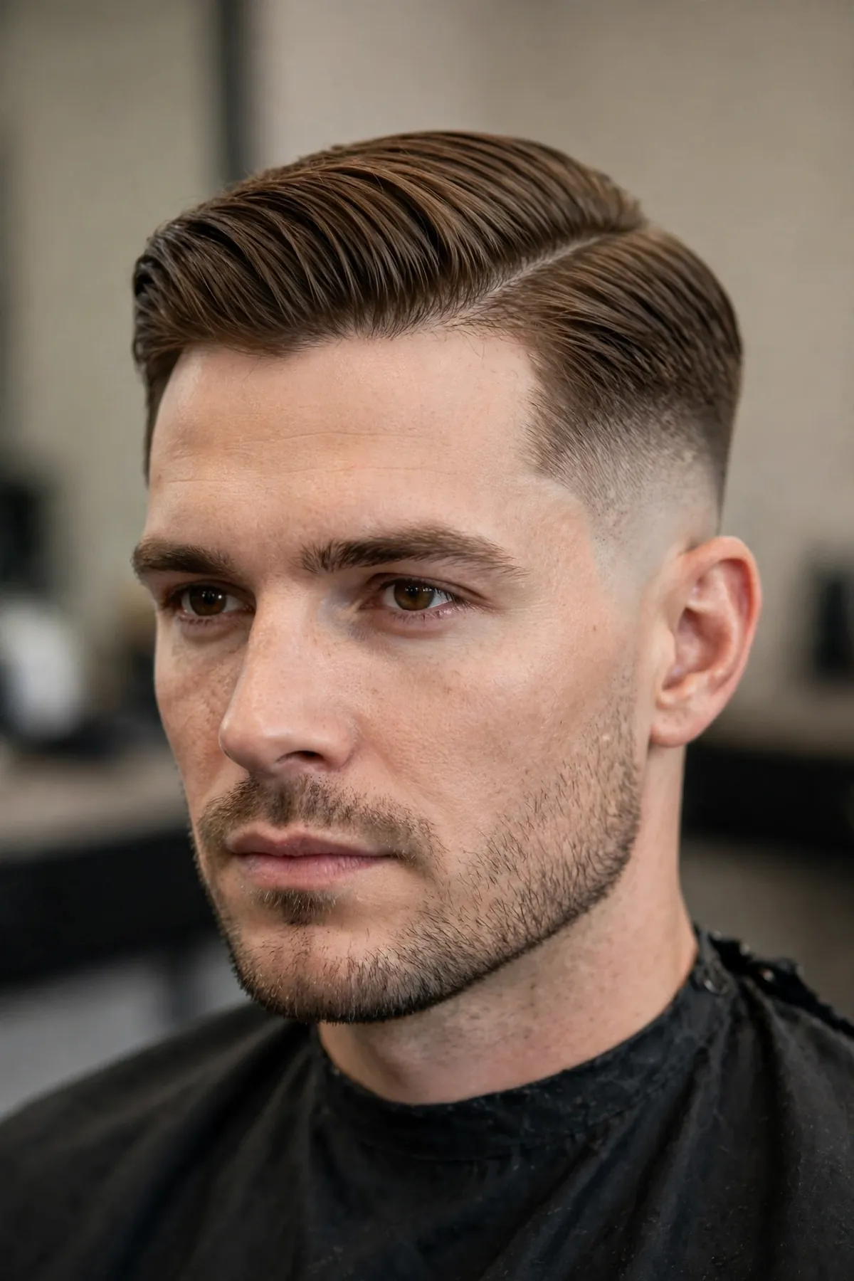 Comb over with a high skin fade, neat side sweep and faded sides