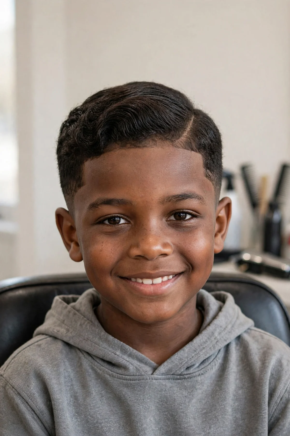 Boy with a gentleman's side part haircut, classic side part with tapered sides, a neat kids haircut for boys