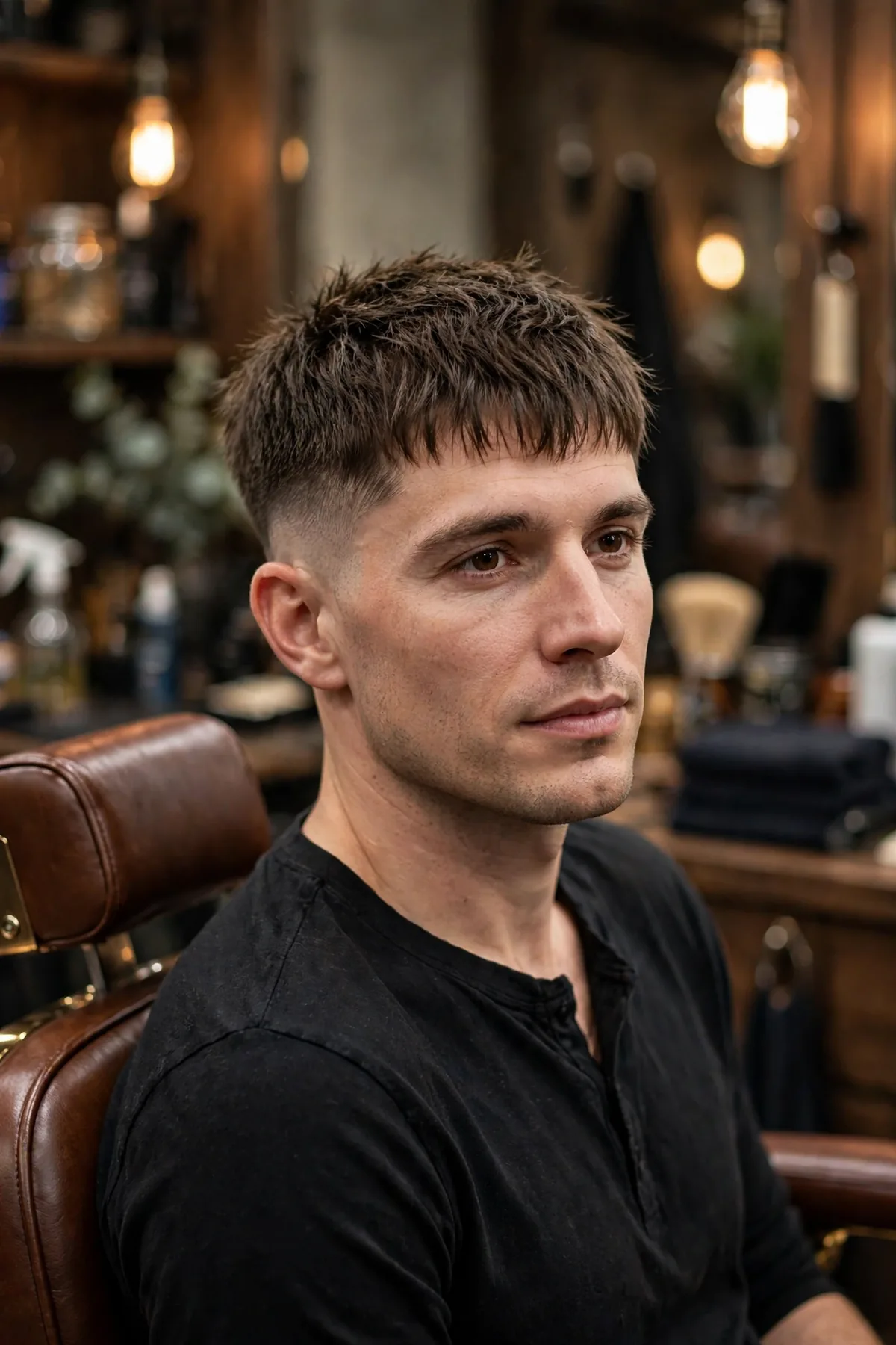 Textured crop taper fade haircut — short choppy textured crop with forward fringe and a crisp mid taper fade on the sides