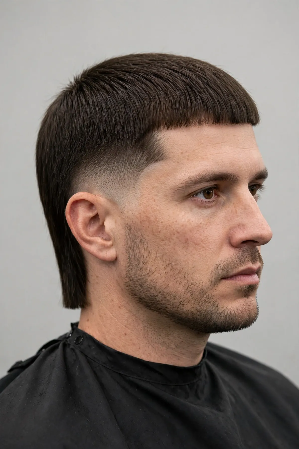 Mid skin fade with hair brushed back — sleek swept-back top over a mid bald fade, a confident skin fade for men