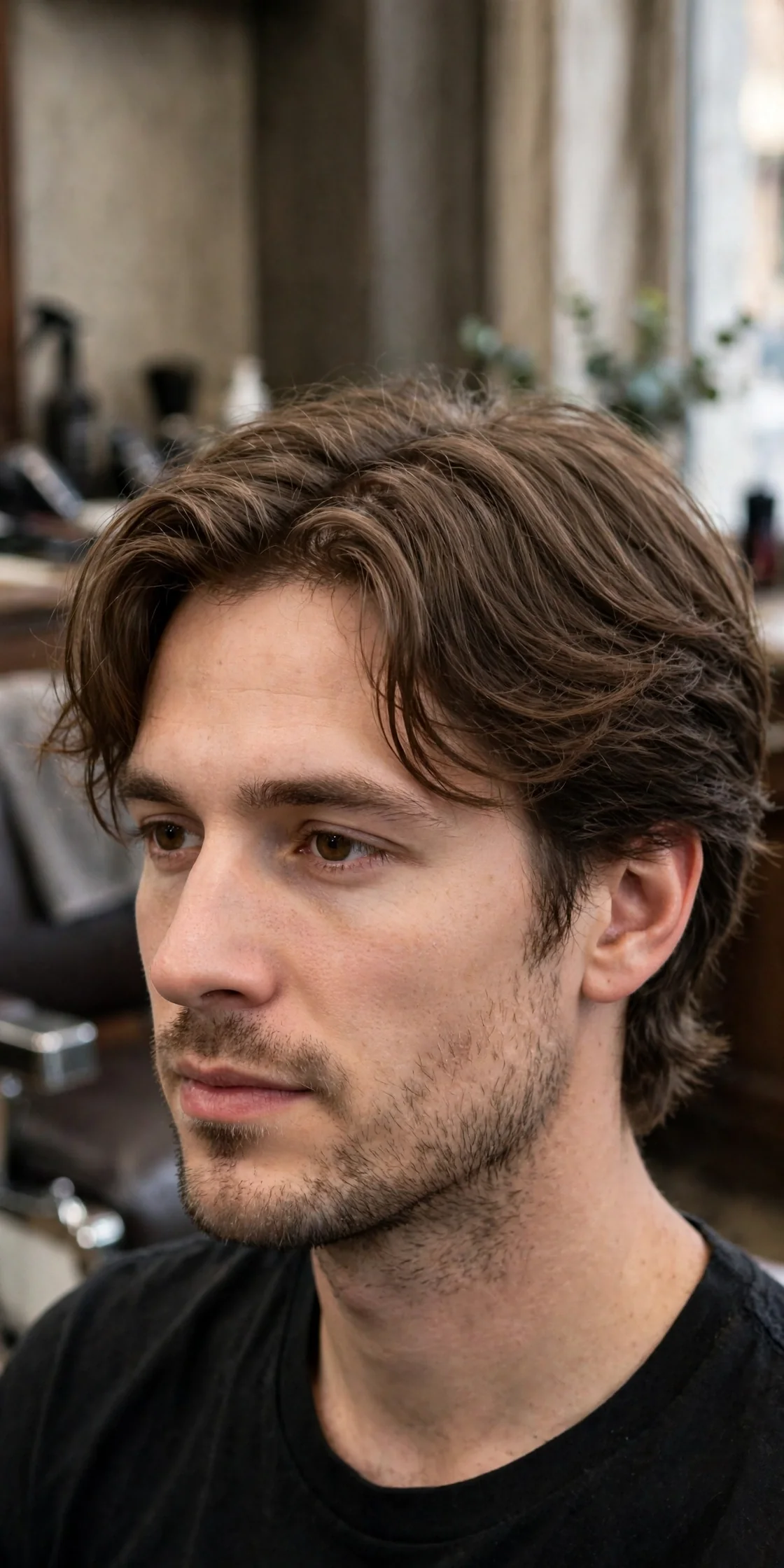 Off-center part medium length flow haircut, asymmetric swept style on a man