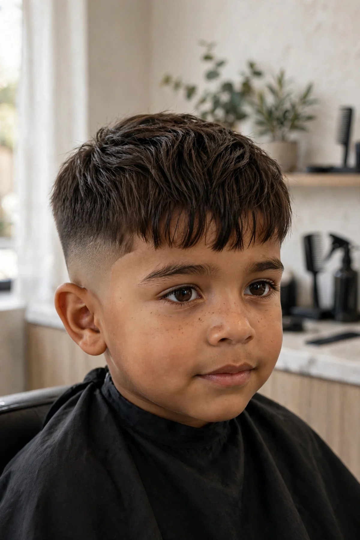 Little boy mid fade with textured fringe, choppy fringe with mid faded sides, modern low maintenance kids haircut