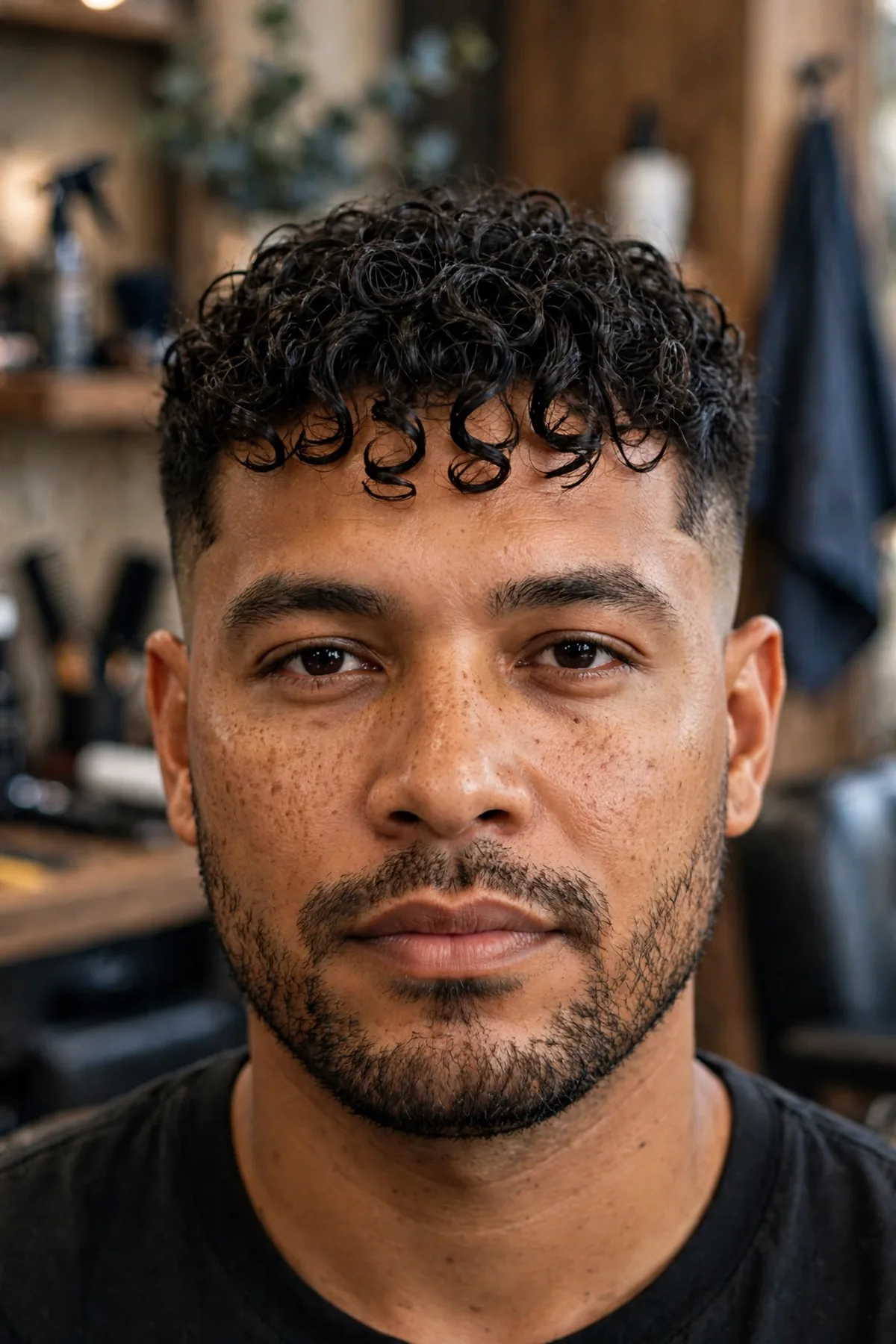 Curly caesar fade haircut, short textured curly fringe pushed forward with faded sides