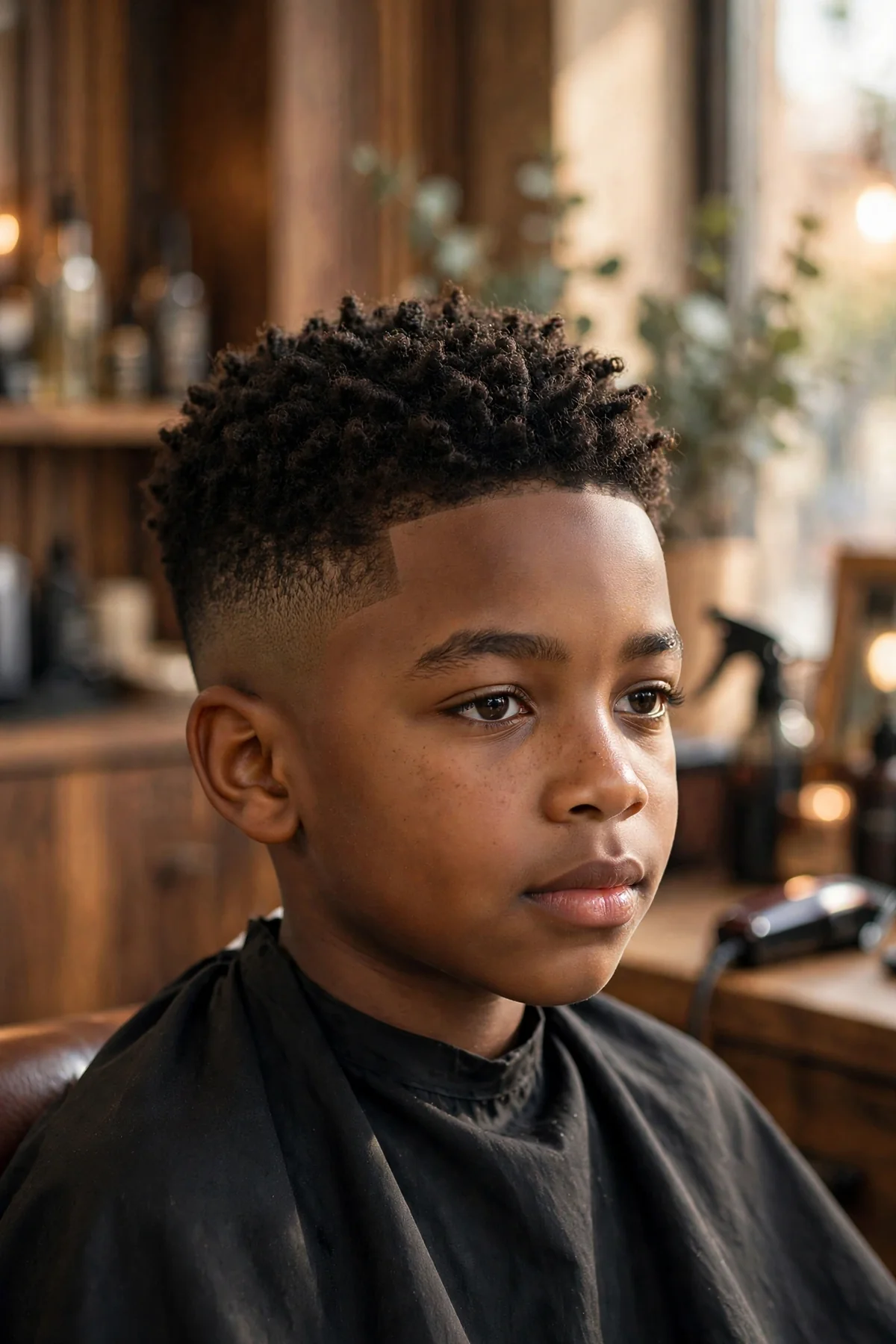 Black boy about 9 years old with tight short coils on top and a sharply blended high taper fade with a crisp lineup