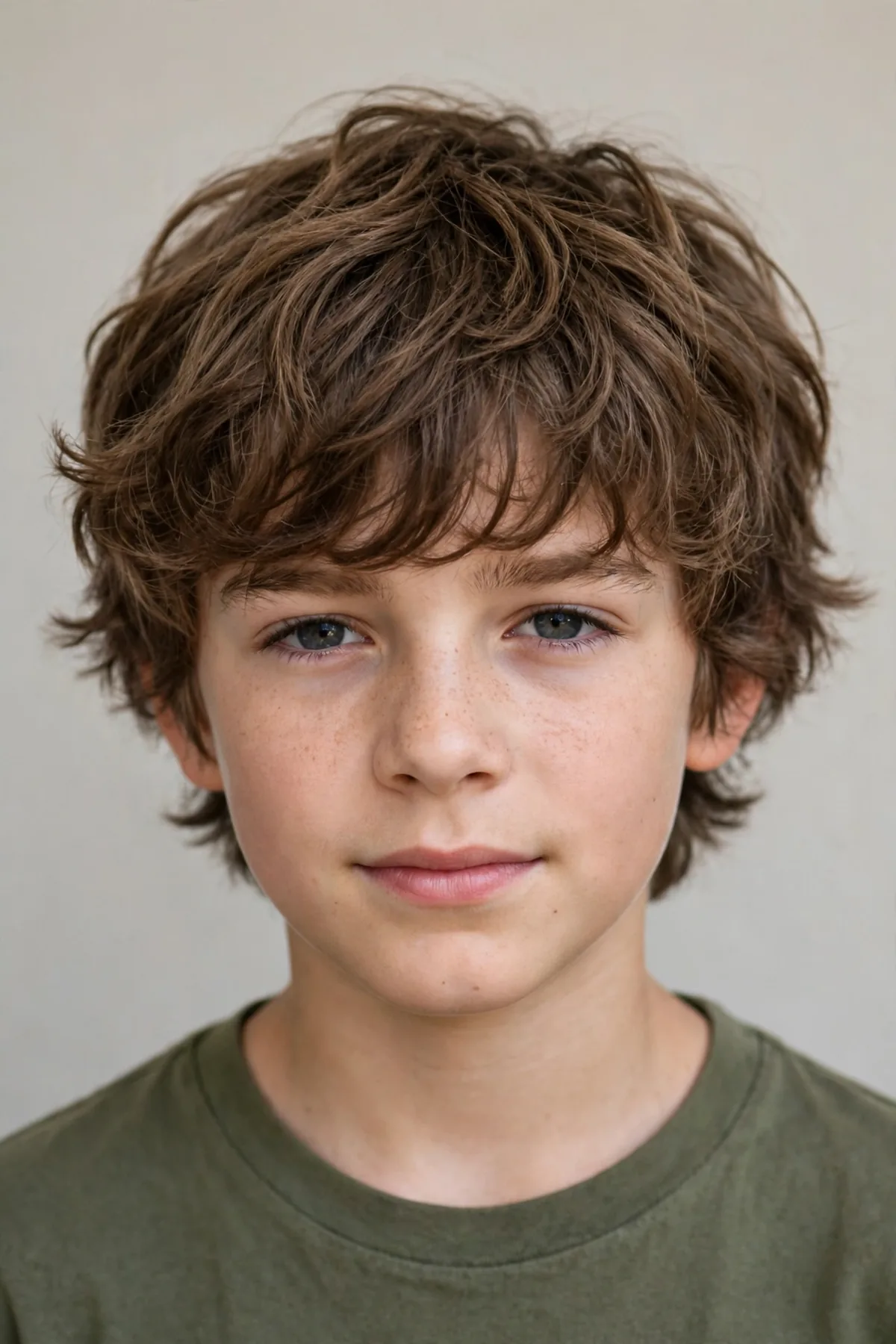 Boy with a wavy shaggy haircut, loose natural waves in choppy medium layers