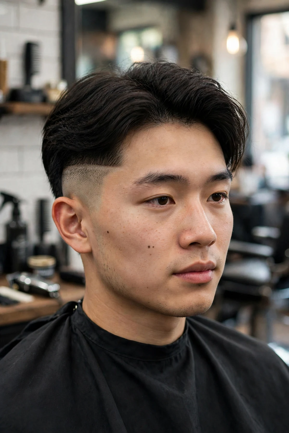 Disconnected fade haircut with sharp line between long top and faded sides