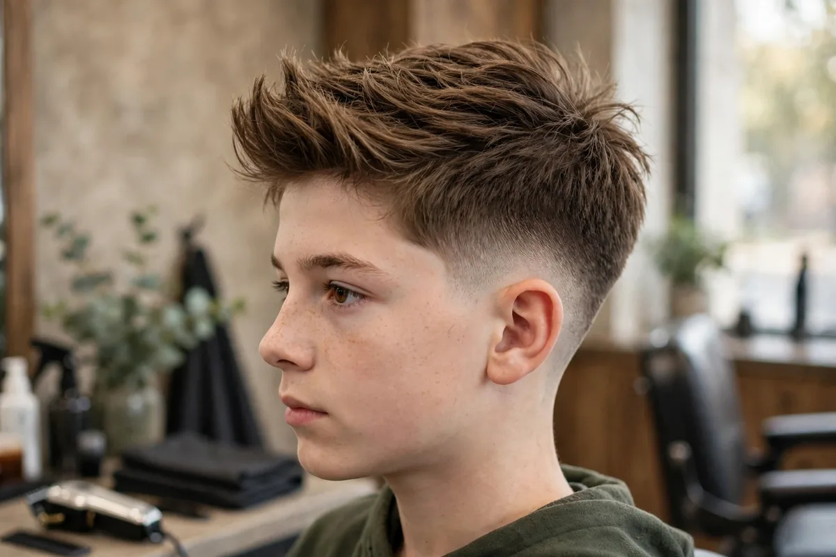 Photorealistic photo of a boy with a textured quiff and taper fade, longer textured hair swept up and back on top with a gradual taper fade on the sides, premium barbershop styling. A confident longer boys hairstyle.