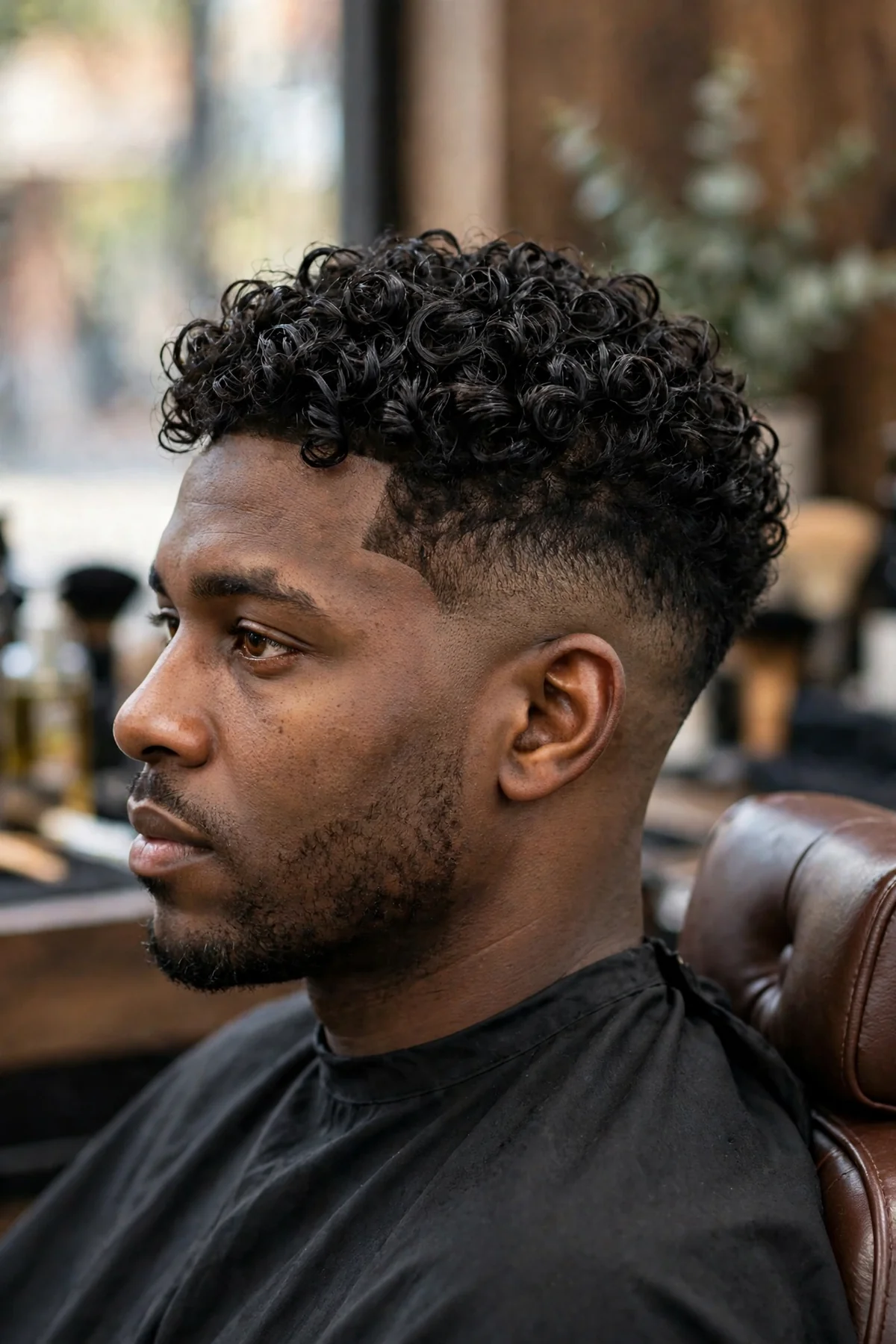 Curly top low skin fade haircut with defined bouncy curls, tight low skin fade, strong contrast between curls and skin