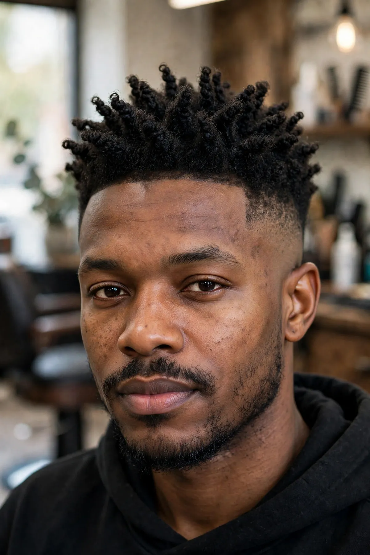 High top haircut with sponge twists, tall twisted texture on top with clean faded sides, barbershop photo