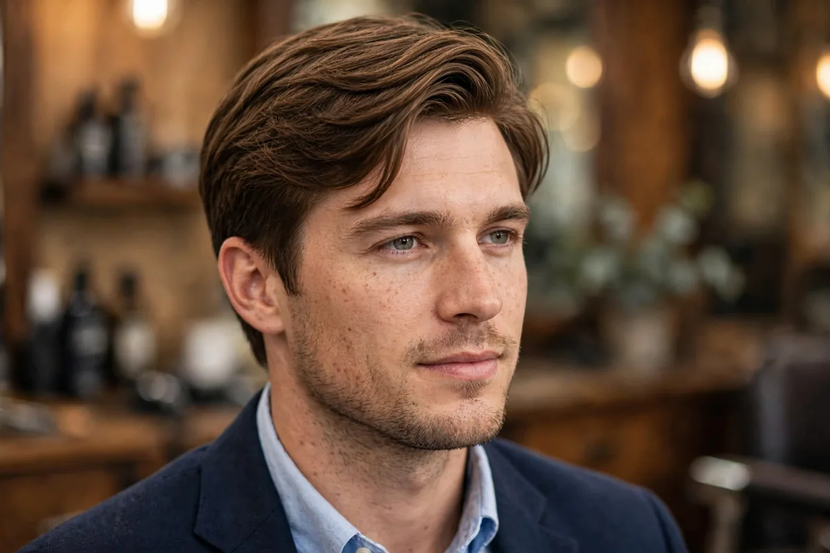 Side-swept Ivy old money haircut — college-style sweep with a relaxed neat finish