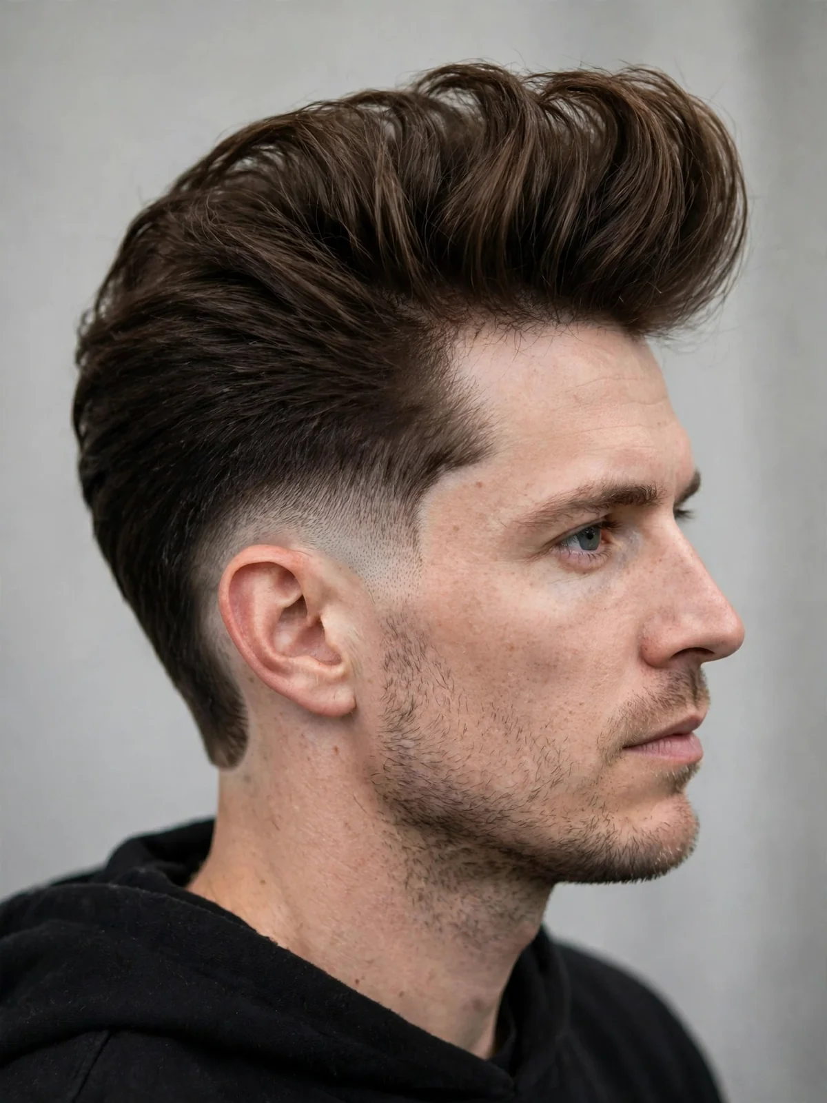 Pompadour hairstyle with mid drop fade haircut, polished vintage-modern barber photo