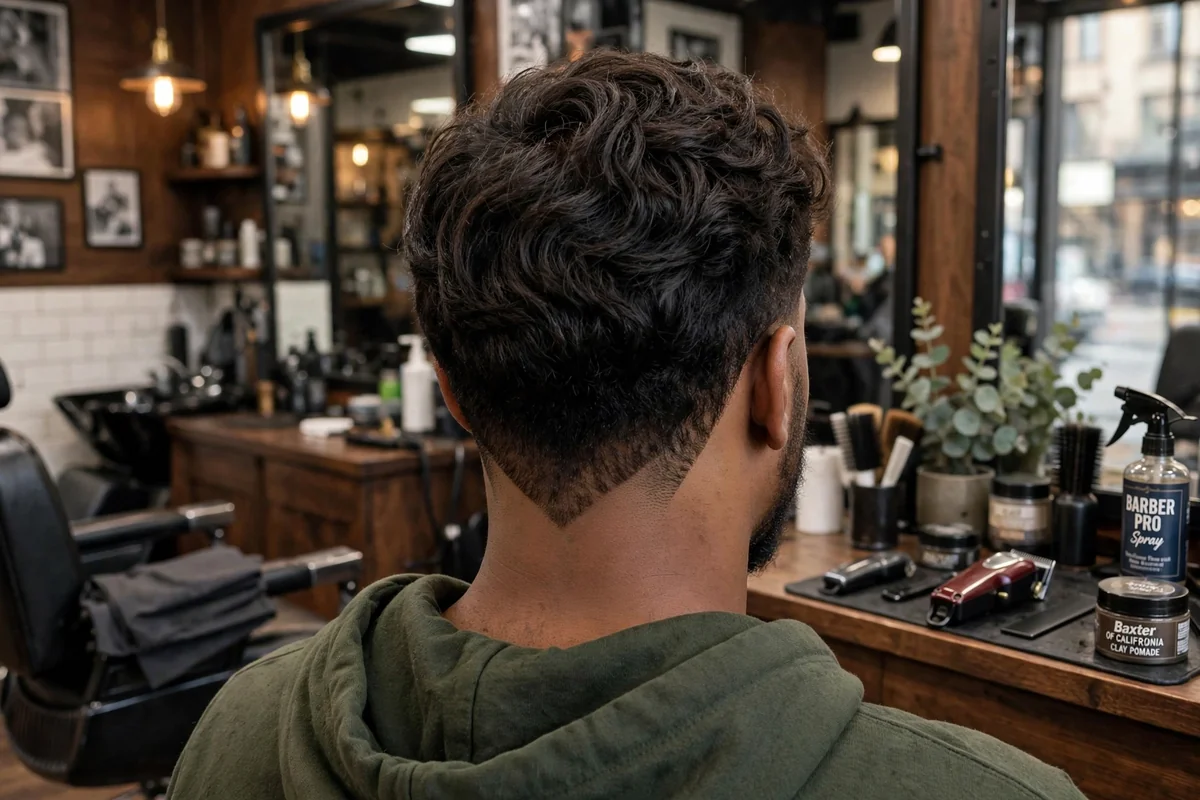 Wavy V haircut for men with flowing waves and tapered V neckline