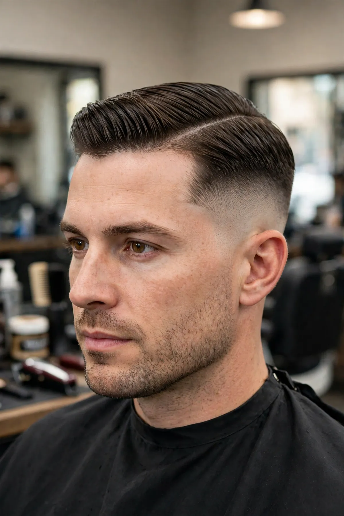 Side part with a high skin fade, defined part and combed top