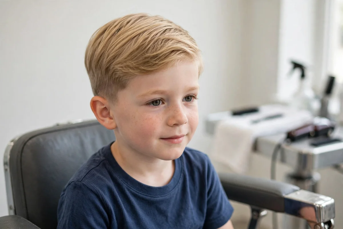 Young boy with a soft comb over haircut, gentle sweep across the top with short sides, a classic boys haircut