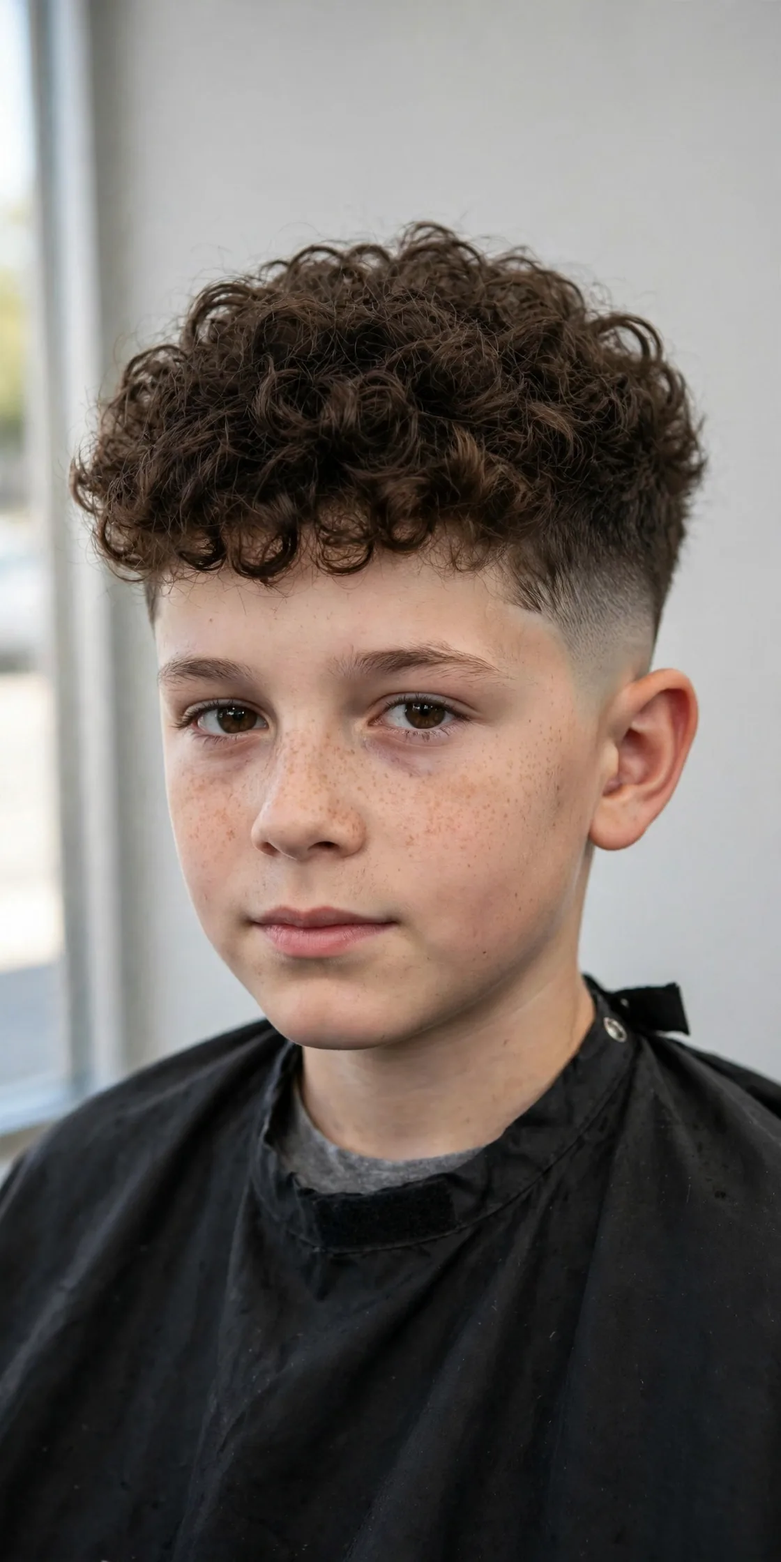 Temple fade haircut on a 10 year old boy with curly top, a cool kids haircut