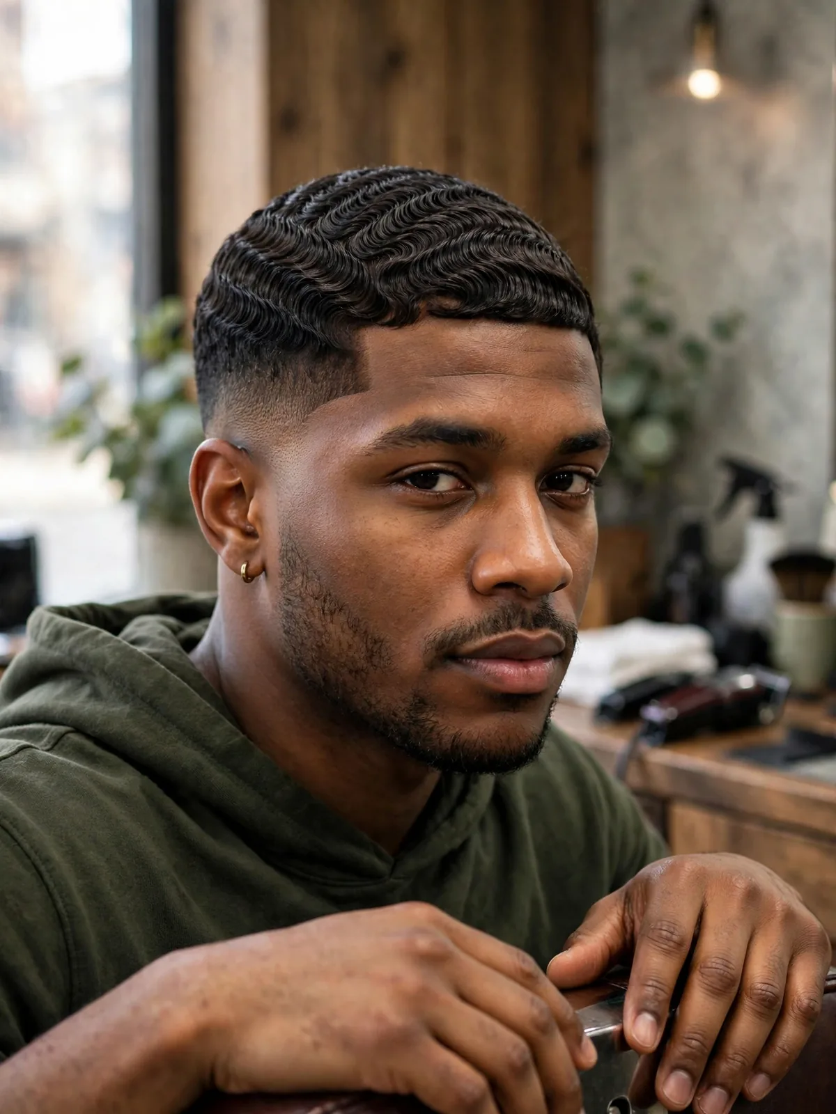 Waves with low drop fade haircut for men — short 360 waves with drop fade